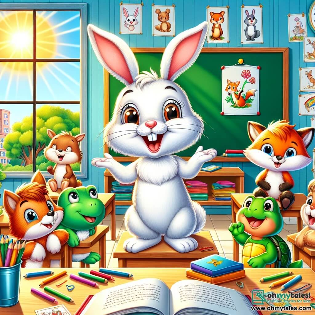 An illustration depicts a small rabbit with bright white fur and long floppy ears, expressing great joy and excitement as it tells a story to its friends, with a big smile and sparkling eyes. A mischievous fox with bright red fur and a bushy tail stands next to the rabbit, listening attentively with an admiring look. A cheerful turtle with a green shell and round eyes sits in front of the rabbit, smiling and nodding along with the story. The setting is a colorful classroom with walls adorned with animal drawings, educational posters, and windows letting in sunlight, brightening the space with vivid colors. The main scene shows the little rabbit captivating its audience with an exciting tale while its friends listen intently, their faces lit up with enthusiasm. Additional elements include scattered colored pencils on desks, a blackboard with drawings and words, and a reading corner with stacked books, creating a joyful and friendly learning atmosphere.