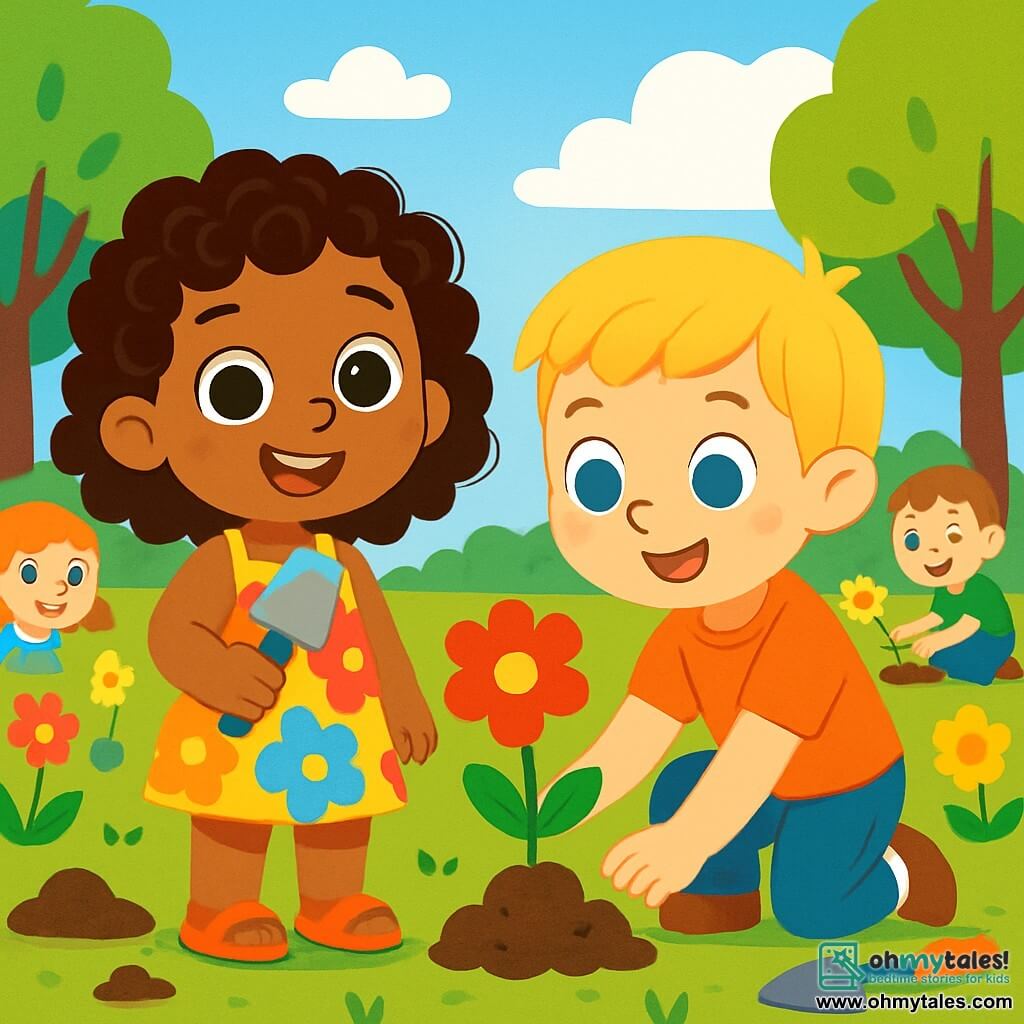 A 4-year-old girl, Mia, with sparkling brown eyes and curly hair, joyfully smiles while holding a small shovel. She wears a colorful dress with floral patterns and sandals. Next to her, her friend Sam, a 4-year-old boy with blonde hair and blue eyes, kneels to plant a flower, showing a focused and enthusiastic expression. The setting is a sunny park filled with bright flowers, large green trees, and a light blue sky dotted with white clouds. Freshly turned soil and gardening tools are scattered around them. The main scene shows Mia and Sam planting flowers together, surrounded by their smiling classmates, all engaged in this delightful gardening activity, bringing life and color to their surroundings.