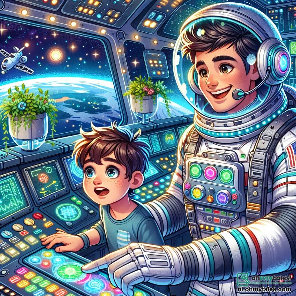 Een mannelijke astronaut, Mark, met een warme glimlach en sprankelende ogen van opwinding, zweeft in de controlekamer van het ruimtestation. Hij draagt een zilveren ruimtepak dat schittert onder het sterrenlicht, met kleurrijke details op de helm. Naast hem staat een 10-jarig jongetje, Tom, met rommelig kastanjebruin haar en een verwonderde blik, aandachtig kijkend naar de controlepanelen, zijn kleine handen op een dashboard.

De controlekamer is gevuld met lichtgevende knoppen, schermen die ruimtedata weergeven, en grote ramen die een spectaculair uitzicht bieden op de blauwe aarde en de schitterende sterren. Planten drijven in doorzichtige containers, wat een vleugje groen toevoegt aan de futuristische omgeving.

Mark laat Tom zien hoe hij een van de apparaten moet gebruiken, terwijl Tom, met grote ogen, klaar lijkt om alles te leren wat hij kan over de ruimte. De sfeer is vrolijk en vol verwondering, en vangt de geest van avontuur en ontdekking die heerst in de uitgestrektheid van het universum.