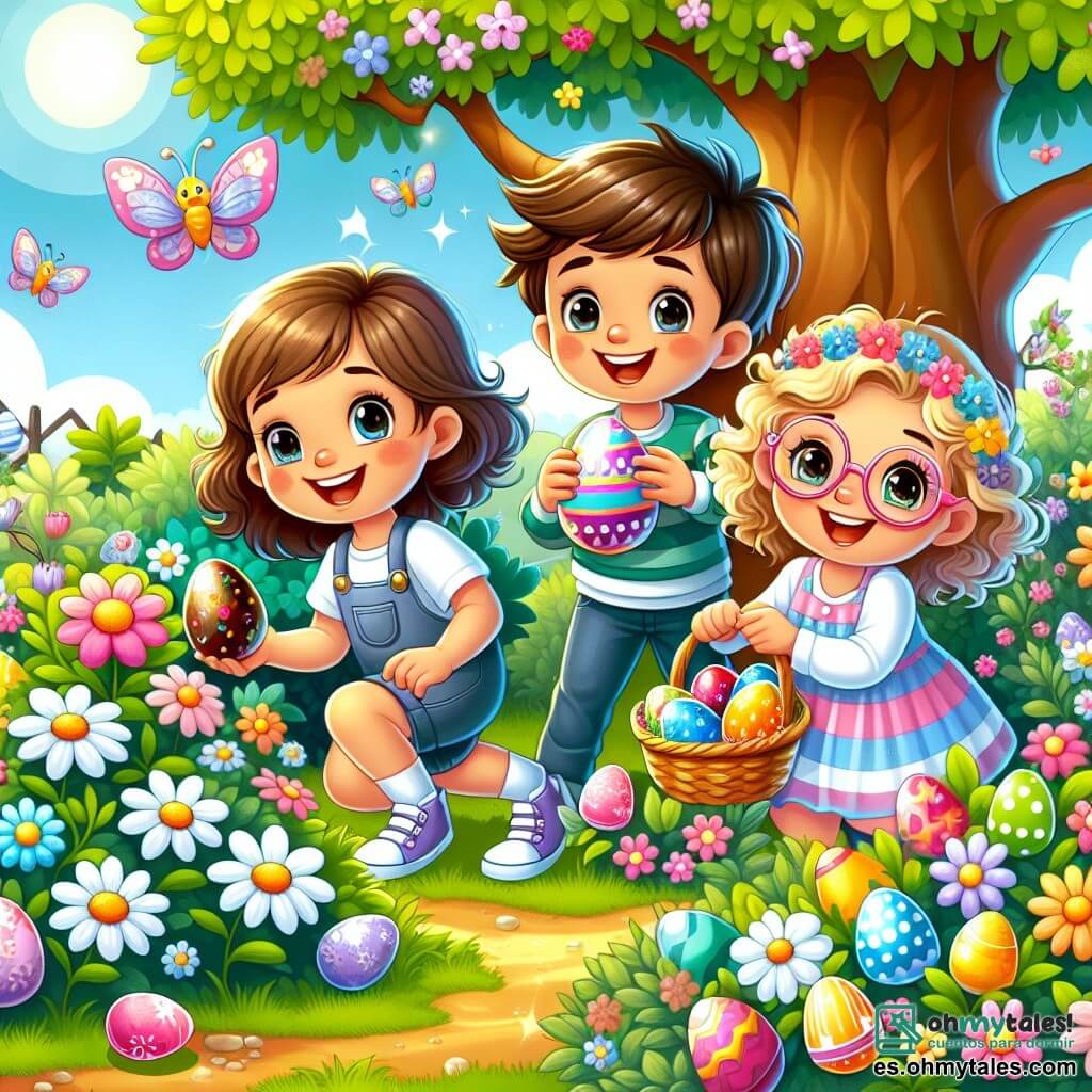 En un jardín mágico lleno de flores coloridas, tres niños están en plena búsqueda de huevos de Pascua. Lucas, un niño de 5 años con cabello castaño y ojos brillantes, está agachado cerca de un arbusto, sosteniendo un huevo de chocolate brillante en sus manos. A su lado, Sofía, una niña de 5 años con cabello rubio y rizado, sonríe mientras sostiene una gran cesta llena de huevos coloridos. Un poco más lejos, Tomás, un niño de 5 años con cabello negro y gafas, salta de alegría al descubrir un huevo dorado escondido bajo una flor. El jardín está soleado, con árboles verdes, mariposas revoloteando y huevos de Pascua multicolores escondidos entre la hierba. Al fondo, un gran árbol con ramas florecidas ofrece una sombra suave, creando un ambiente alegre y festivo. Los niños están rodeados de risas y colores, celebrando la magia de la Pascua en una atmósfera de felicidad y amistad.