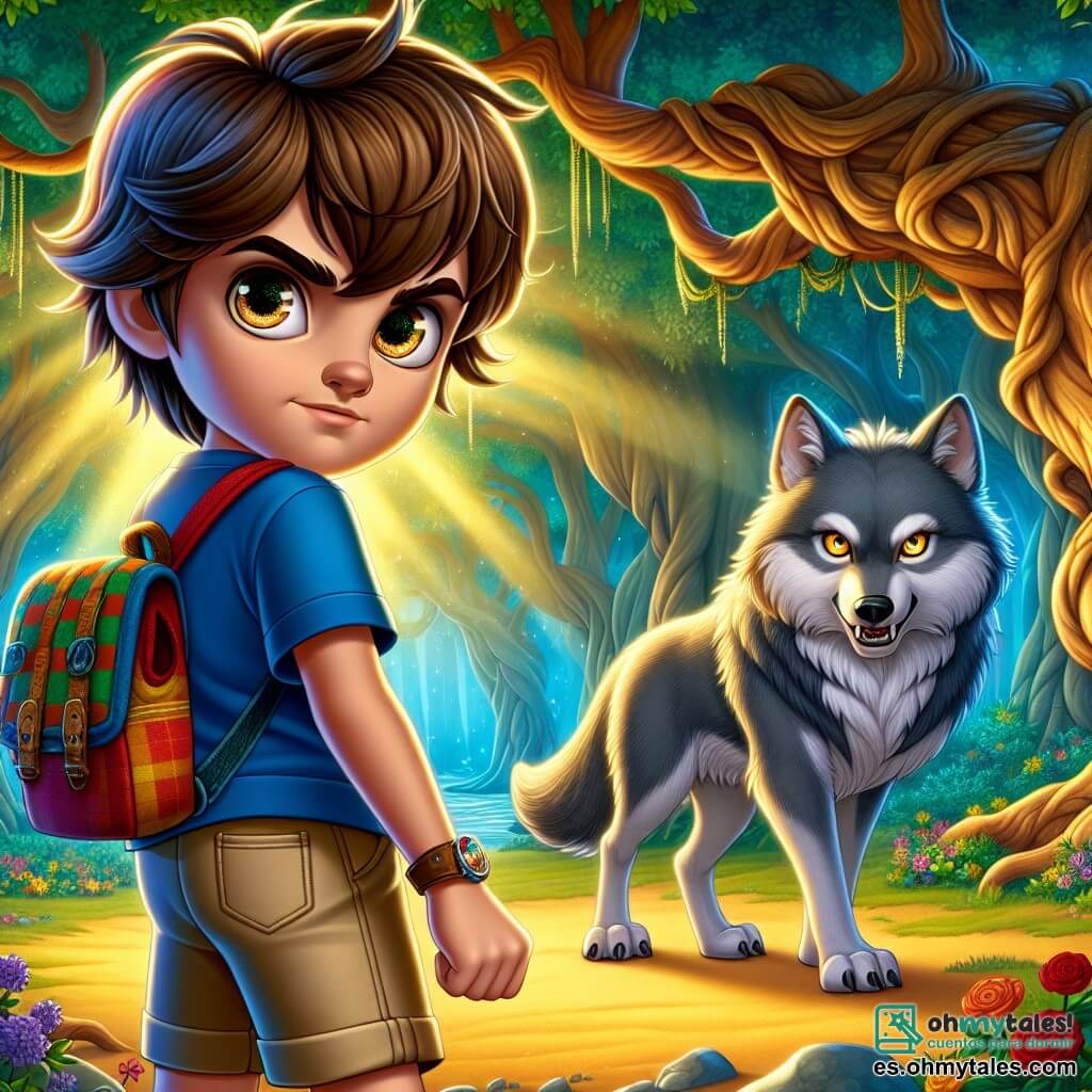 Un chico de 12 años, Lucas, se encuentra valientemente en el centro del escenario, con el cabello castaño desordenado y ojos brillantes de determinación. Lleva una camiseta azul y un short beige, con su pequeña mochila colorida colgada del hombro, y mira con valentía a un gran lobo gris, cuyos ojos brillan con un destello misterioso. El lobo, imponente y majestuoso, está a unos pasos de Lucas, con sus patas poderosas firmemente en el suelo y una sonrisa enigmática en su rostro, mostrando dientes blancos y afilados. El escenario es un bosque encantado, con árboles gigantescos de troncos retorcidos, cuyas hojas de un verde brillante filtran la luz dorada del sol, creando una atmósfera mágica y ligeramente inquietante. Flores coloridas salpican el suelo y un arroyo brilla cerca, añadiendo un toque de serenidad a esta escena tensa. Lucas, desafiando al lobo, propone un juego de acertijos, con el corazón latiendo rápidamente, mientras el lobo, intrigado, se prepara para hacer su primera pregunta.