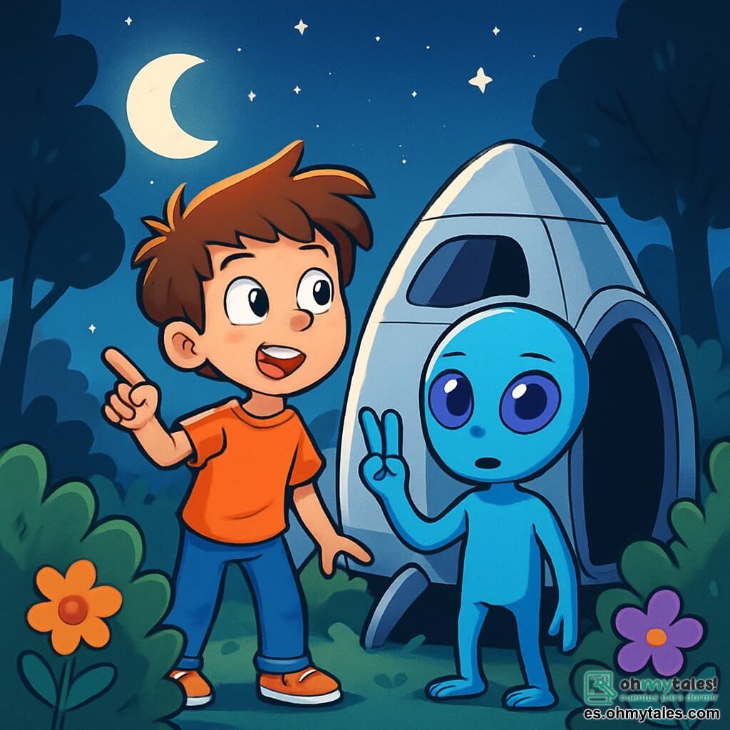 Un niño de 10 años, Lucas, con el cabello castaño desordenado y ojos llenos de curiosidad, se encuentra frente a una pequeña nave espacial plateada oculta detrás de unos arbustos. Su rostro expresa una mezcla de asombro y emoción, con las mejillas ligeramente sonrojadas por la adrenalina. A su lado, Zorbi, un extraterrestre de pequeña estatura, tiene la piel de un azul brillante y grandes ojos violetas. Levanta una mano en señal de paz, con una expresión que mezcla preocupación y determinación, mientras se sitúa cerca de la puerta de la nave. El escenario es un jardín nocturno, iluminado por la luz plateada de la luna, con árboles oscuros y estrellas brillantes de fondo. Flores coloridas y sombras misteriosas añaden un toque mágico a la atmósfera. La escena muestra a Lucas y Zorbi conversando, Lucas señalando hacia el cielo estrellado, mientras Zorbi explica la situación urgente. Una suave brisa mueve las hojas, creando un ambiente a la vez pacífico y lleno de tensión.