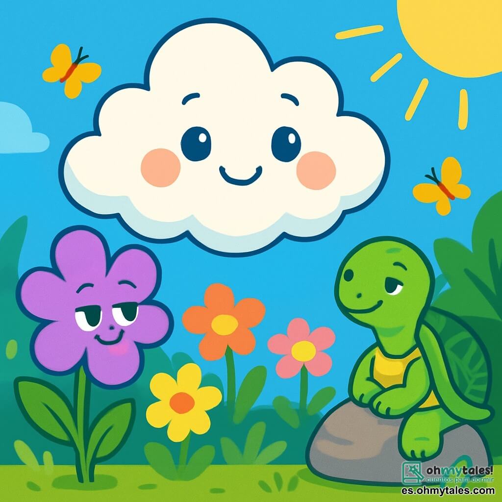 Una nube esponjosa, Nubi, flota alegremente en un cielo azul brillante, con ojos chispeantes de curiosidad y una sonrisa dulce. Nubi está rodeada de flores coloridas con pétalos vibrantes que parecen bailar al ritmo del viento, cada una con una expresión amigable y acogedora. En primer plano, una flor violeta, con pétalos en forma de corazón, murmura pensamientos sabios a Nubi, sus ojos brillando de inteligencia y bondad. Al fondo, una tortuga sabia, Medita, con un caparazón adornado con patrones delicados, observa la escena con una mirada serena, sentada sobre una piedra lisa, lista para compartir su sabiduría. El jardín es un lugar encantador, lleno de flores de colores brillantes, mariposas revoloteando y rayos de sol filtrándose a través de las hojas verdes. Nubi escucha atentamente los murmullos de las flores, absorbiendo su sabiduría, mientras la suave brisa acaricia su cuerpo esponjoso, creando una atmósfera pacífica y mágica.