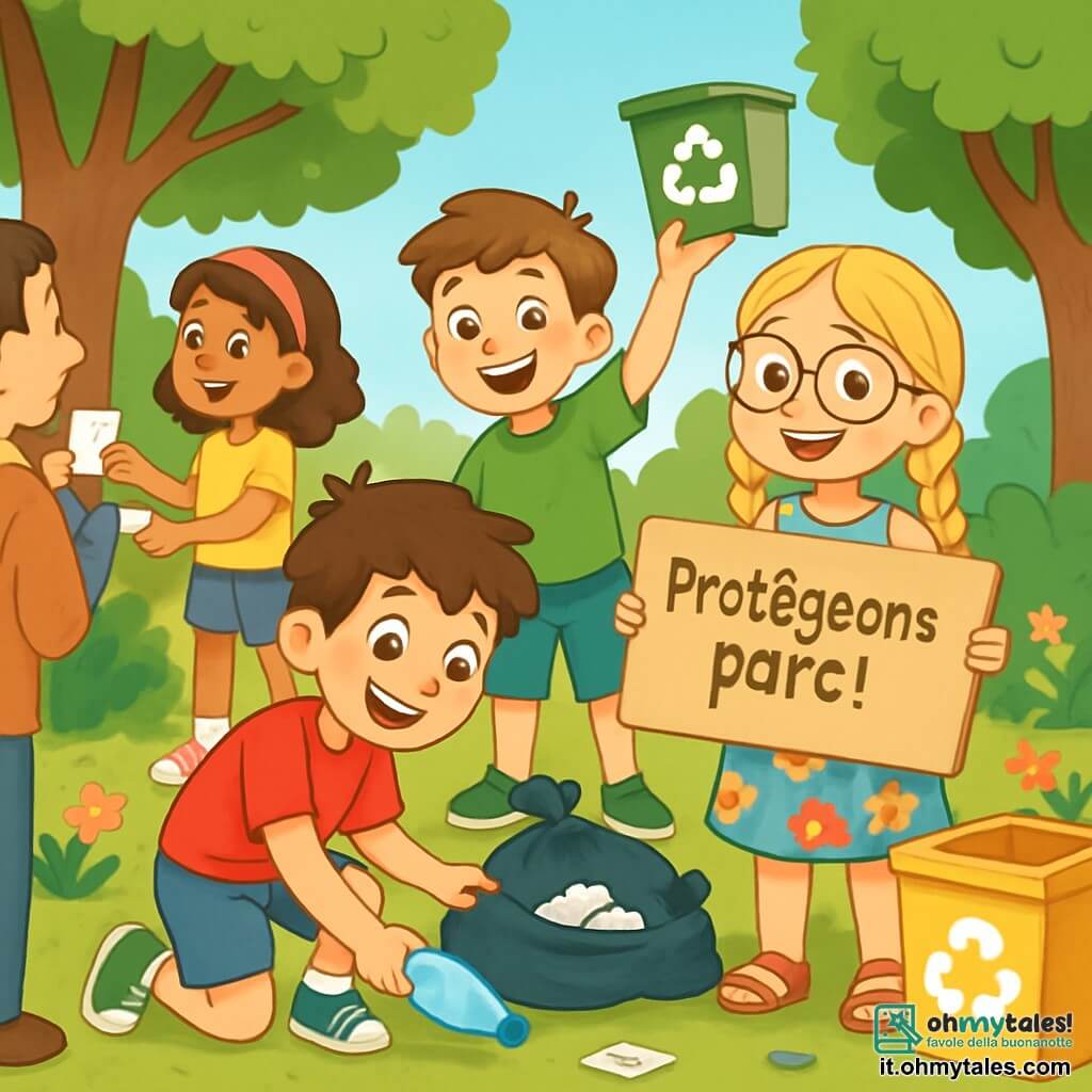 Ci sono 4 bambini: Marco, un ragazzo di 10 anni con capelli castani disordinati e occhi brillanti, indossa una maglietta rossa e pantaloni blu, mentre raccoglie una bottiglia di plastica sorridendo. Sofia, una ragazza di 9 anni con lunghi capelli biondi intrecciati e occhiali rotondi, indossa un vestito a fiori colorato e tiene un grande cartello con scritto "Proteggiamo il nostro parco!", accanto a Marco. Luca, un ragazzo di 10 anni con capelli castani e lentiggini, indossa una maglietta verde e pantaloni corti, e mostra un contenitore per il riciclaggio con un grande sorriso, leggermente dietro Sofia. Giulia, una ragazza di 9 anni con capelli ricci castani e una fascia rosa, indossa una maglietta gialla e pantaloni di jeans, e distribuisce volantini a degli adulti che la ascoltano attentamente, un po' in disparte a sinistra di Luca. La scena si svolge in un parco verde, pieno di alberi maestosi, fiori colorati e un cielo blu chiaro. Il terreno è coperto di rifiuti, ma i bambini lavorano insieme per pulirlo, circondati da risate e buon umore, determinati a raccogliere i rifiuti e sensibilizzare gli adulti sull'importanza del riciclaggio, circondati da sacchi della spazzatura e contenitori colorati.