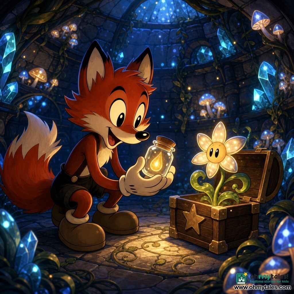Main character: an anthropomorphic red fox with glossy jagged-edged cartoon fur and large expressive eyes, crouched before a small wooden chest, gently holding a glass jar containing a glowing drop, serene and awed; secondary character: a star-shaped flower sprouting from the chest with glossy green leaves and pearly petals emitting a warm, comforting glow; setting: a round underground stone chamber with walls dotted with bioluminescent mushrooms and sparkling crystals, smooth stone floor engraved with vine patterns, soft blue-and-gold lighting; main situation: the fox discovers a living treasure—a polished wooden chest marked with a star contains a pot from which the luminous drop of the star-flower emerges—an intimate, magical, calm scene centered on the contrast between the warm glow and the cool crystal light.