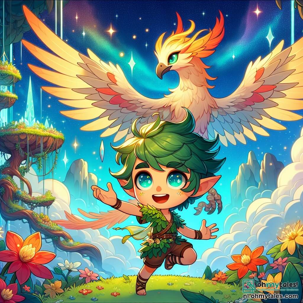 In het midden van de afbeelding staat een kleine elf genaamd Finn, met onverzorgd groen haar en nieuwsgierige, sprankelende ogen. Hij is trots en vastberaden, gekleed in een kostuum van bladeren en bloemen, met een gezicht dat moed en opwinding uitdrukt terwijl hij zijn armen naar de lucht heft, klaar om de dreigende wolken tegemoet te treden. Naast hem zweeft de majestueuze feniks Alara, met vlammenrode, gouden en oranje veren, die haar grote vleugels uitspreidt, klaar om hem te helpen. Ze heeft een wijze en bemoedigende blik en zweeft lichtjes boven de grond, terwijl ze de scène verlicht met haar warme gloed. De achtergrond is een magisch heiligdom, een tuin boven de wolken, vol stralende bloemen en fonkelende kristallen. In de verte staat een enorme oude boom, de Boom van Levenslicht, majestueus met zijn wortels die zich als beschermende armen uitstrekken. De hoofdscène toont Finn en Alara verenigd in een moment van moed, tegenover de donkere wolken die naderen, klaar om hun magie vrij te laten om het heiligdom en zijn wonderen te beschermen.