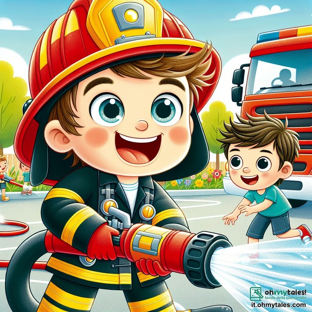 Un pompiere di nome Luca è al centro dell'immagine, sorridente e entusiasta. Indossa un casco rosso brillante e un'uniforme gialla e nera, con stivali di gomma. I suoi occhi brillano di gioia mentre tiene una grande lancia d'acqua, pronto a spegnere un incendio immaginario. Accanto a lui, un ragazzo di nome Davide, di circa 8 anni, lo guarda con ammirazione. Ha i capelli castani disordinati e indossa una maglietta blu e un pantaloncino. Mimando l'azione di spruzzare con la lancia, alza le braccia con un grande sorriso. Lo scenario è un cortile scolastico soleggiato, circondato da alberi verdi e fiori colorati. Sullo sfondo, si vede un grande camion dei pompieri rosso parcheggiato, con luci lampeggianti e attrezzi di soccorso visibili. La scena principale mostra Luca e Davide che giocano insieme, simulando l'estinzione di un incendio immaginario, con schizzi d'acqua disegnati intorno a loro, creando un'atmosfera gioiosa e vivace.