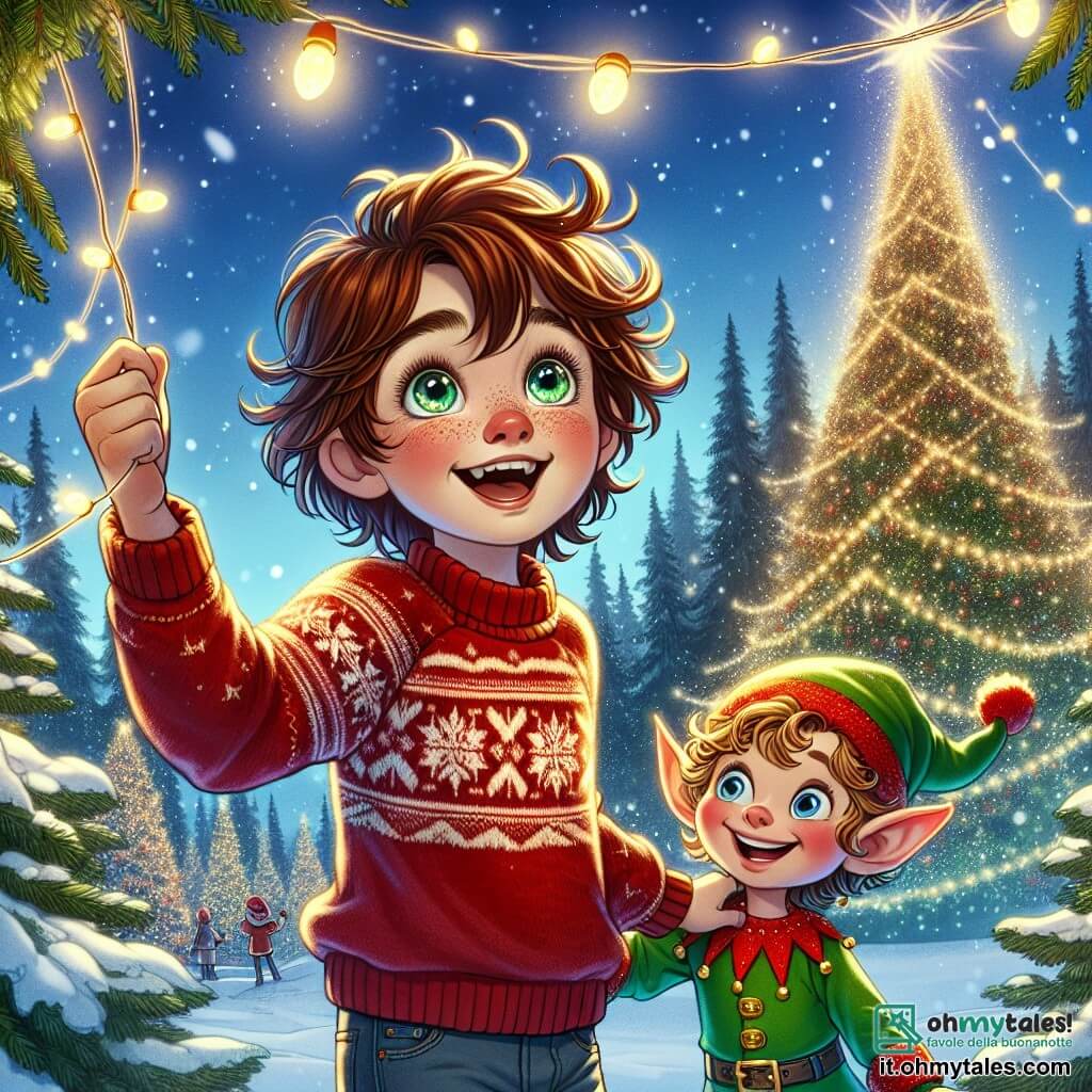 Un ragazzo di 9 anni, di nome Luca, con capelli castani disordinati e occhi brillanti di curiosità, si trova davanti a un enorme albero di Natale scintillante, con le braccia alzate in segno di meraviglia. Indossa un maglione rosso con motivi di fiocchi di neve e un paio di jeans, e il suo viso esprime pura gioia e fascinazione infantile. Accanto a lui, Elio, un piccolo elfo dai capelli biondi ricci e orecchie a punta, indossa un costume verde brillante con motivi dorati e un cappello con pon-pon. Sorride ampiamente, tenendo una ghirlanda di luci scintillanti, pronto ad appenderla all'albero. La scena si svolge in una foresta incantata, dove grandi alberi maestosi sono coperti di neve scintillante e fiocchi di neve cadono dolcemente dal cielo. Stelle brillano sopra, illuminando il paesaggio fiabesco. Luca ed Elio lavorano insieme per decorare il più grande albero di Natale del regno, appendendo ornamenti colorati e luci brillanti, mentre condividono risate e storie magiche sul vero spirito del Natale.