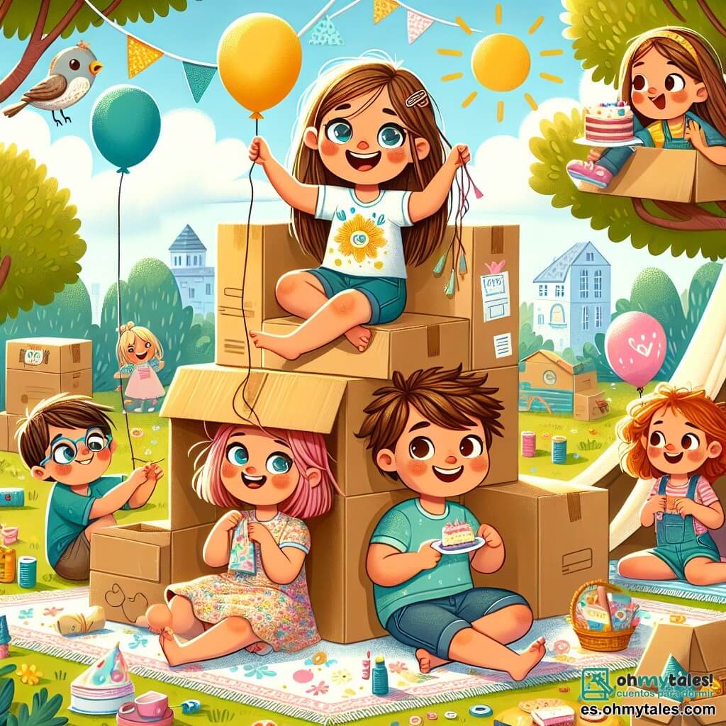 Una niña de 12 años, Ana, con largos cabellos castaños y ojos brillantes de travesura, está sentada sobre una gran caja de cartón, sonriendo, rodeada de sus amigos. Lleva una camiseta colorida y un short, y sostiene una guirnalda de globos en sus manos, lista para decorar su fortaleza. A su lado, Lucas, un chico de 12 años con gafas redondas y cabello castaño desordenado, sostiene una caja de cartón sobre su cabeza, luciendo concentrado y divertido. Carla, una niña de 11 años con cabello rizado y una vestido de flores, ríe mientras sostiene un plato de pasteles, lista para compartirlos. La escena se desarrolla en un parque verde, bajo un gran árbol con ramas extendidas, donde los rayos de sol atraviesan las hojas, iluminando su fortaleza hecha de cajas, mantas y decoraciones coloridas. Los amigos están construyendo su fortaleza, riendo y divirtiéndose juntos, mientras un pequeño pájaro curioso los observa desde una rama, añadiendo un toque de magia a esta alegre aventura.