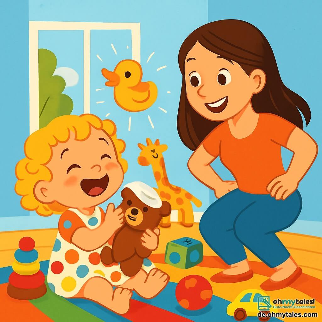 Ein kleines Mädchen von 2 Jahren mit großen, funkelnden Augen und lockigem, goldenem Haar sitzt auf einem bunten Teppich und lacht herzlich. Sie trägt ein bunt gepunktetes Kleid und hält einen kleinen Plüschbären mit einer Windel auf dem Kopf. Neben ihr hockt ihre Mutter, eine lächelnde Frau von etwa 30 Jahren mit langen, braunen Haaren, und ist amüsiert von der Szene. Der Raum ist mit verstreuten Spielzeugen gefüllt, die Wände sind himmelblau und die Fenster lassen Sonnenlicht herein, was eine fröhliche und warme Atmosphäre schafft. In der Mitte des Bildes fliegt ein Entenschuh durch die Luft, während das kleine Mädchen begeistert applaudiert, umgeben von einer Aura aus Magie und Lachen.