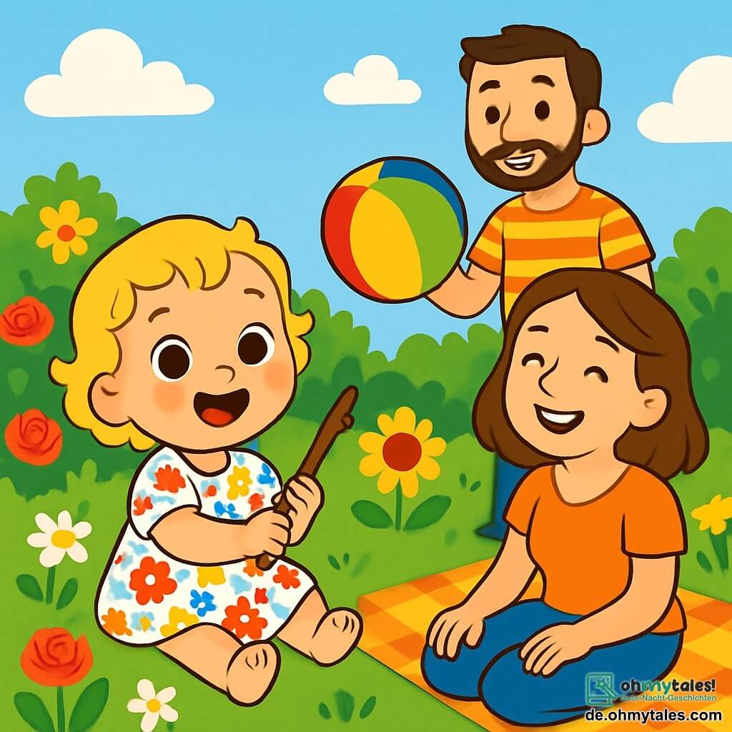 Ein kleines Mädchen von 2 Jahren mit großen, strahlenden Augen und lockigem, blondem Haar lächelt fröhlich, während es im Garten spielt. Sie trägt ein buntes Blumenkleid und sitzt auf dem grünen Gras, während sie einen Stock in ihren kleinen Händen hält. Neben ihr sitzt ihre Mama, eine Frau in den Dreißigern mit braunem Haar und einem warmen Lächeln, die lachend zuschaut, auf einer Picknickdecke. Ein Papa, ein Mann in den Dreißigern mit leichtem Bart und einem gestreiften T-Shirt, steht etwas weiter weg und hält einen bunten Ballon, bereit zum Spielen. Der Garten ist voller leuchtender Blumen, mit roten Rosen, gelben Sonnenblumen und weißen Margeriten, unter einem klaren blauen Himmel mit einigen weißen Wolken. Die Hauptsituation zeigt das kleine Mädchen, das begeistert den Ballon wirft, während Mama und Papa sie mit fröhlichen Lächeln anfeuern und eine Atmosphäre von Glück und familiärer Verbundenheit schaffen.