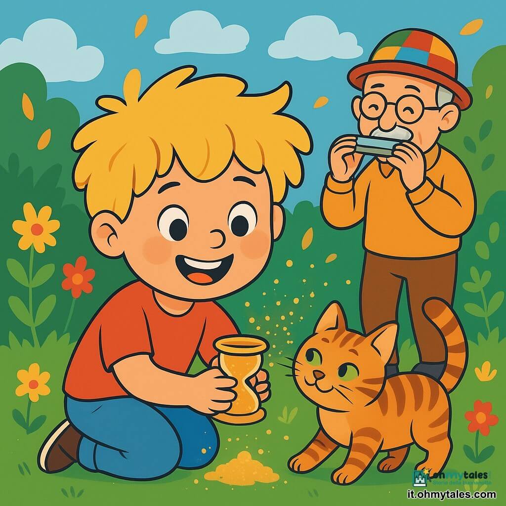 Un ragazzo di 4 anni, Nico, con capelli biondi arruffati come una nuvola dorata, sorride gioiosamente, i suoi occhi brillano di malizia. È accovacciato in giardino, tiene un piccolo vasetto di sabbia dorata, circondato da nuvole di polvere scintillante. Accanto a lui, un gatto tigrato dagli occhi verdi, il Gatto-Sveglia, si strofinano contro la sua gamba, emettendo un rumore di ronron. Più lontano, il vicino, il signor Bruno, un uomo anziano con occhiali rotondi e un cappello colorato, suona l’armonica, un sorriso caloroso sul viso. Il giardino è pieno di fiori vivaci, foglie dorate che danzano nel vento e un cielo blu chiaro punteggiato di nuvole soffici. Al centro di questa scena magica, Nico e i suoi amici stanno costruendo un orologio di sabbia dorato, ridendo e divertendosi, mentre la magia dell'amicizia illumina l'aria intorno a loro.