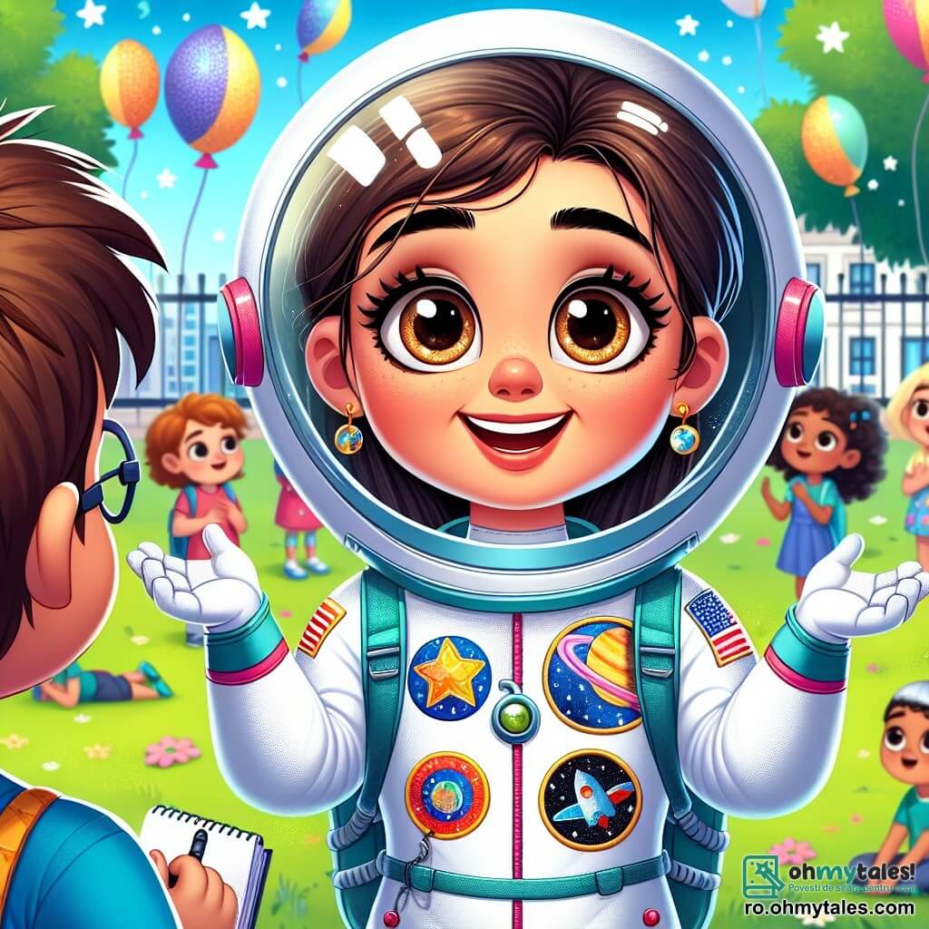 În centrul imaginii, o femeie astronaut numită Maria, cu un zâmbet strălucitor și ochi plini de entuziasm, poartă un costum spațial alb strălucitor, decorat cu patch-uri colorate ce reprezintă stele și planete. Părul ei brun este prins într-o coadă de cal, iar ea plutește ușor în aer, cu brațele deschise ca și cum ar dori să îmbrățișeze tinerii admiratori. În dreapta ei, un băiat pe nume Alex, în vârstă de aproximativ 8 ani, cu părul castaniu și ochelari rotunzi, o privește pe Maria cu admirație. El poartă un tricou albastru cu un model de rachetă și ține un carnet mic în care ia notițe, cu ochii mari de curiozitate. În fundal, se vede o scenă vibrantă a curții școlii, cu copaci verzi luxuriant și copii jucându-se. Balonase colorate plutesc în aer, adăugând o notă festivă atmosferei. Situația principală arată cum Maria împărtășește povești fascinante despre aventurile ei în spațiu, în timp ce Alex și colegii săi o ascultă cu atenție, captivați de relatările ei despre călătorii interstelare și descoperiri științifice.