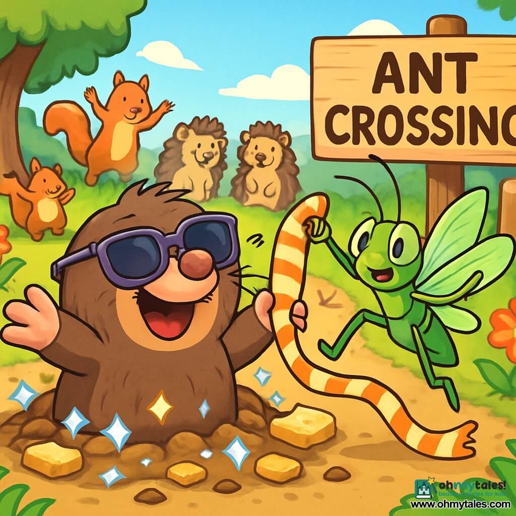 Marvin, a small mole with messy brown fur and purple sunglasses, is excitedly smiling as he stands in the center of a dirt path surrounded by bright glass glitter and pieces of bread. Next to him, Gloria, a cheerful green grasshopper with long antennae and round eyes, joyfully jumps with her wings spread, holding a long striped sock as a signal. In the background, a crowd of colorful animals, including dancing squirrels and curious hedgehogs, watches the scene in awe. The setting is a sunny path lined with vibrant flowers and an old tree trunk, where a large wooden sign reads "The First Ant Passage." The main scene shows Marvin and Gloria celebrating the opening of their ant passage, surrounded by a festive and joyful atmosphere, with bright colors and smiles on everyone's faces.