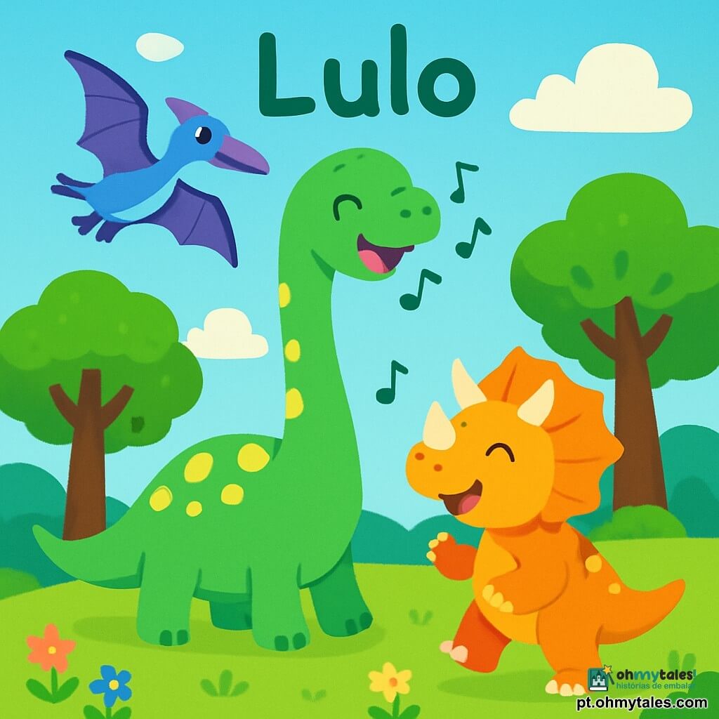 Um diplodoco chamado Lulo, com um corpo verde claro e manchas amarelas, está alegremente no centro da cena, seu longo pescoço se estendendo em direção ao céu azul, um grande sorriso em seu rosto amigável. À sua direita, um tricerátopo colorido, com chifres pontudos e uma carapaça laranja, dança fazendo vibrar o chão com suas patas robustas. À sua esquerda, um pteranodonte de asas brilhantes, azul e roxo, plana no ar, seus olhos brilhando de alegria. A cena acontece em um vasto vale verdejante, salpicado de flores coloridas e grandes árvores de troncos grossos, sob um céu ensolarado com nuvens brancas e fofas. Lulo canta alegremente, cercado por seus amigos dinossauros, todos prontos para celebrar um dia cheio de aventuras e risadas.