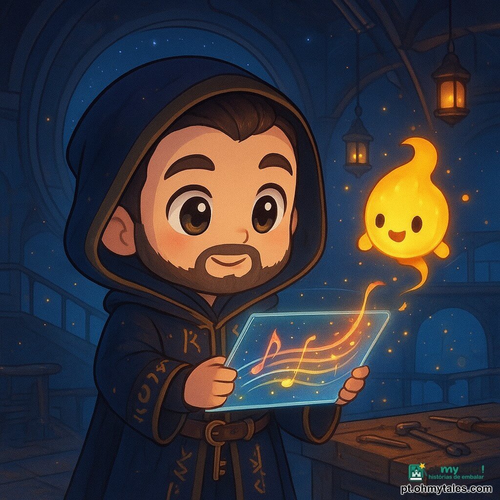 Um homem adulto, Dario, rosto redondo com barba curta, olhos grandes e brilhantes, expressão determinada e maravilhada, segura delicadamente uma placa de vidro luminosa que projeta linhas coloridas; veste um casaco escuro com runas douradas e uma chave-vara na cintura, ao seu lado direito flutua um pequeno espírito-lanterna não humano, corpóreo como uma lâmpada translúcida amarelo‑laranja com um rosto sorridente que ilumina o mapa e rodopia alegremente; nenhum outro humano presente; o atelier é uma sala suspensa no espaço com um banco de madeira gasto e ferramentas espalhadas, janelas circulares para um vazio estrelado, pontes metálicas e lanternas flutuantes ao fundo; a placa projeta três rotas luminosas — azul‑flauta de linhas finas, vermelho‑tambor com explosões pontiagudas e dourado‑coral em volutas suaves — formando motivos musicais que pairam sobre o banco; ambiente de cores saturadas, contrastes quente‑frio, reflexos metálicos, pequenas faíscas mágicas, estilo chibi kawaii fofo e claro, composição centrada em Dario e no mapa, perspectiva ligeiramente em plongée.