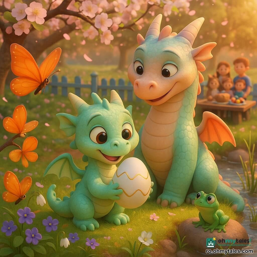 Miro, un dragon mic cât un pui de pisică, ține delicat un ou alb cu linii aurii în labele din față; are solzi verde mentă strălucitori, ochi caprui naivi și un zâmbet blând, iar mama lui, mai mare cu solzi pastel și privire tandră, stă în spate mândră; un fluture portocaliu se odihnește pe o ramură înflorită stânga, o broscuță verde stă pe o piatră lângă un pârâu scânteietor în planul mijlociu, iar în fundal o familie zâmbitoare e adunată lângă o masă rustică cu cozonac și ouă colorate; locul e un mic deal acoperit de violete și ghiocel, meri în floare, un râu limpede la dreapta cu stuf, și o gard din lemn albastru, scena principală fiind Miro pe vârful moviliței ținând oul luminos ca o promisiune de primăvară, lumină caldă de seară rozind scena, culori pastel saturate și textură moale și rotunjită, în stil 3D de film de animație.