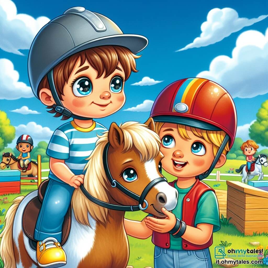 Un bambino di 4 anni, Leo, con un sorriso timido, indossa un bel cappellino blu e scarpe gialle. È seduto su un pony dolce di nome Stella, con capelli castani e occhi curiosi. Accanto a lui c'è Marco, un ragazzo di 5 anni con un casco rosso brillante, capelli biondi e un grande sorriso sicuro. Marco è sul suo pony, Fulmine, e tende la mano verso Leo per incoraggiarlo. La scena si svolge in un club di equitazione all'aperto, con un cielo blu e nuvole bianche. Si vedono ostacoli colorati in legno, alberi verdi sullo sfondo e altri bambini che si divertono a cavallo. Leo e Marco sono pronti a saltare un piccolo ostacolo insieme, Leo guarda Marco con eccitazione e apprensione, mentre Stella e Fulmine sembrano impazienti di iniziare l'avventura.