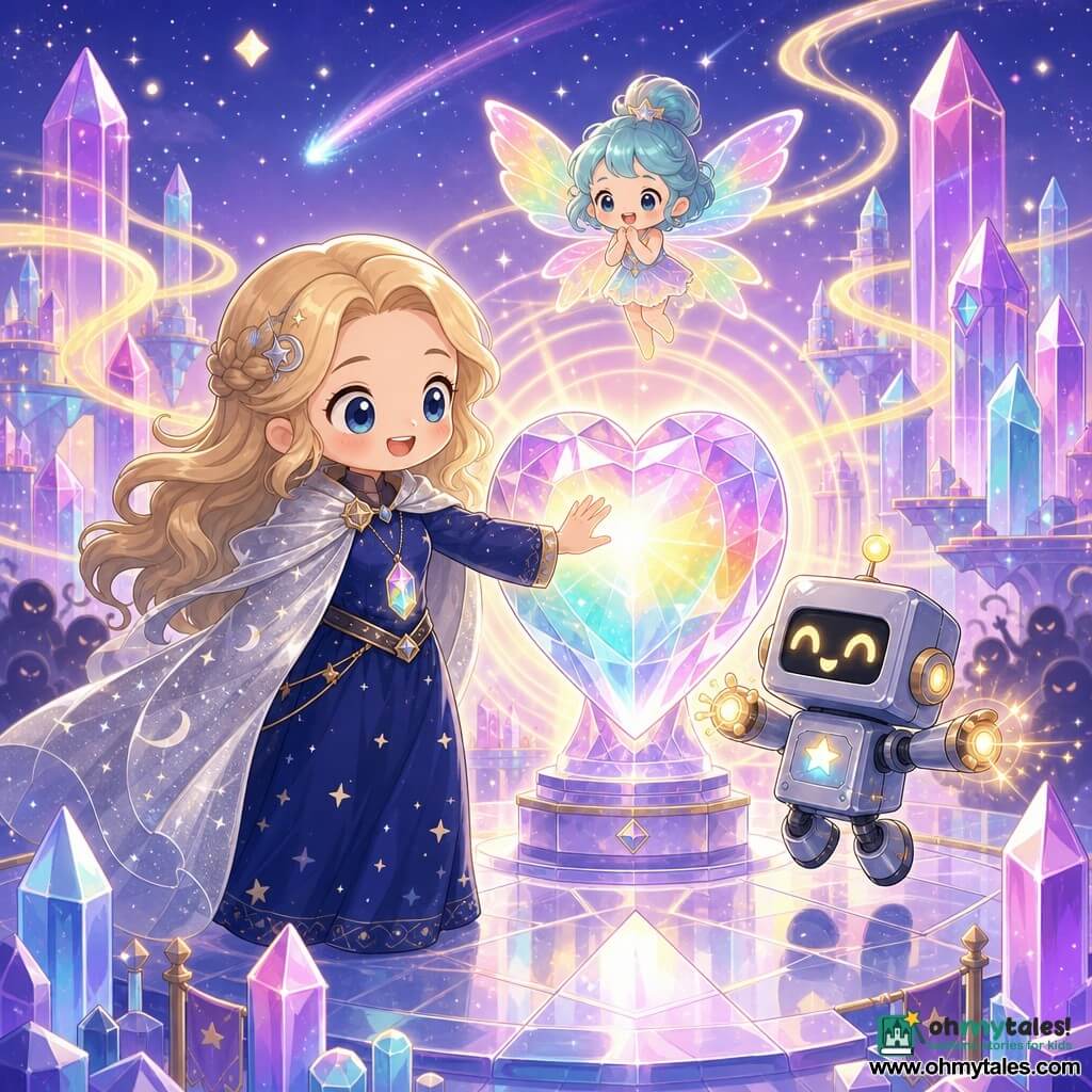 Captain Lira appears brave and kind, smiling with bright eyes, wearing a silver cape like moon ribbons, a midnight-blue star-specked dress and a rainbow crystal necklace, her hand on a huge glowing Heart Crystal sending out waves of light as dark, blurred shadows retreat; beside her Pip, a small friendly square robot of polished metal with blinking yellow lamp-eyes, sparks of light at his arm tips, hops slightly left of Lira; above the crystal flies tiny female sprite Mira with translucent rainbow wings and shiny turquoise hair, clapping and smiling in wonder; the scene is a floating crystal city of translucent pink and purple prism towers, glassy floors and golden ribbon rivers of light suspended in the air under a starry pastel sky with comets, overall magical comforting mood, soft centered lighting on the crystal, rounded simple shapes, smooth textures and a bright pastel palette.