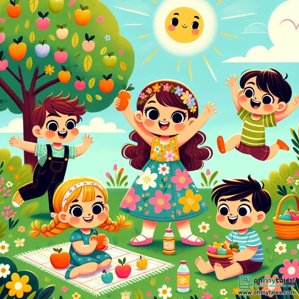 A 2-year-old girl named Lily, with bright big eyes and curly brown hair, joyfully smiles while holding a small basket filled with fruits. She wears a colorful floral dress and stands under a large green tree, surrounded by her friends. Tom, a 3-year-old boy, is small and quick like a rabbit, with messy blonde hair. He is happily jumping with his arms raised, discovering apples hidden under a bush. Mia, a 4-year-old girl, is tall and loves to dance, with long braided brown hair. She spins around with a big smile, holding a juice bottle, right next to Lily. Ben, a chubby 3-year-old boy with black hair and rosy cheeks, is lying on the ground, laughing out loud as he finds cookies in a hole. The setting is a sunny park with green grass and colorful flowers all around, and a blue sky dotted with white clouds. The main scene shows Lily and her friends, all smiling and excited, discovering their snacks during a picnic, filled with joy and laughter.