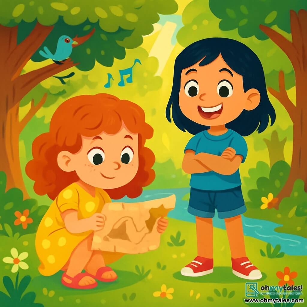 There are two main characters: Lily, an 8-year-old girl with curly red hair, wearing a yellow polka dot dress and pink sandals, crouching and examining an old treasure map with a curious look; and Ava, an 8-year-old girl with straight black hair, wearing a blue t-shirt and denim shorts, standing next to Lily with her arms crossed and a big smile, ready for adventure. The main setting is an enchanted forest with tall trees, thick trunks, and shiny green leaves. Sun rays filter through the foliage, illuminating the ground covered with colorful flowers and soft moss. A small sparkling stream flows nearby, and birds sing joyfully in the branches. The main situation shows Lily and Ava discovering a mysterious treasure map, sitting on the grass, surrounded by the beauty of nature, excited and curious, with elements of magic and mystery in the air.