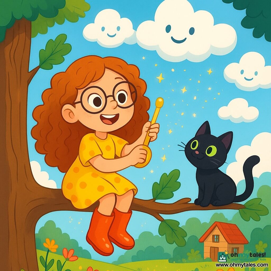A 6-year-old girl named Lila, with long curly hair and round glasses, smiles with sparkling eyes of excitement. She wears a yellow polka dot dress and shiny rubber boots. Lila is perched on a branch of a large oak tree, holding a small golden lever in her hands, ready for action. Beside her, a small black cat named Tiddlewink, with mischievous green eyes, curiously watches, its tail in the air. The setting is a sunny garden filled with colorful flowers and tall grass, under a blue sky dotted with fluffy clouds. In the distance, there's a wooden house with a red roof, surrounded by flowering bushes. The main scene shows Lila about to pull the golden lever, surrounded by dancing clouds that seem to laugh and play, while sparkles of stardust fall around them, creating a magical and joyful atmosphere.