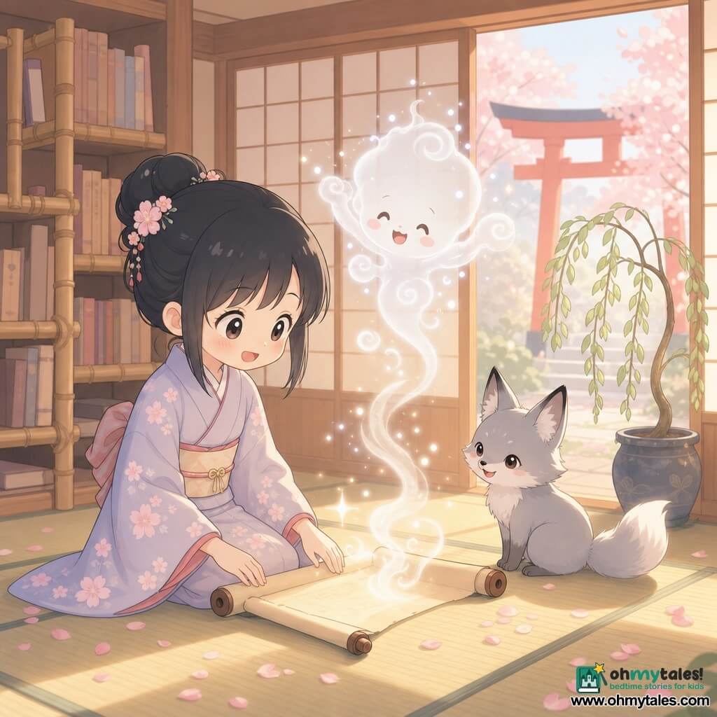 Hana, a smiling, gentle teenage girl of about 16 with straight black hair in a bun, wearing a pastel cherry-blossom kimono, kneels as she delicately opens an old scroll, eyes bright with wonder; a small, mischievous silver fox sits to her right watching curiously; a childlike wind spirit of white mist and tiny sparks laughs and floats above the unrolled scroll with cloudlike arms dancing; a potted weeping willow with cascading pale-green leaves stands by the window; the scene is a small wooden Japanese library with low bamboo shelves, light tatami, shōji panels letting in golden light, cherry petals on the floor and a red torii visible through the door, as Hana gently awakens the spirits of the ancient scrolls and warm light floods the room.