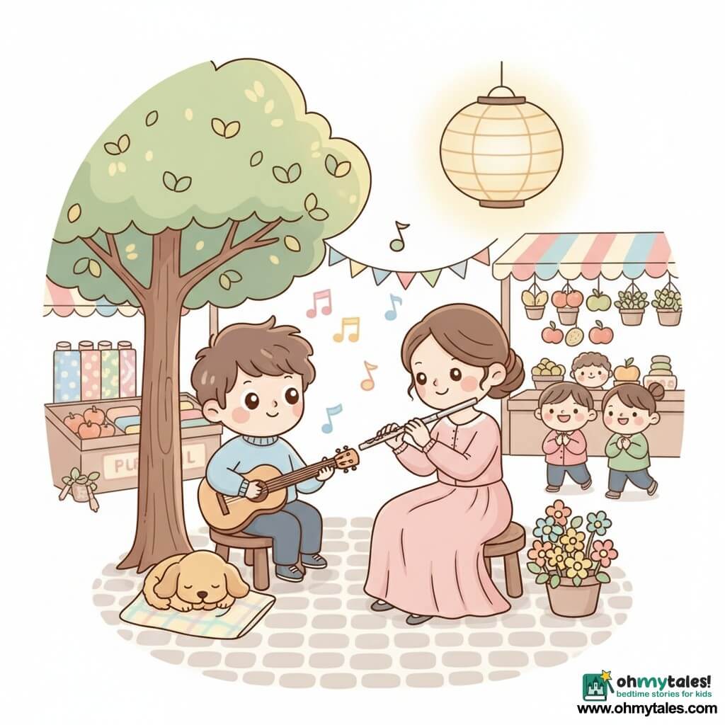 A smiling, joyful boy with tousled brown hair and bright round eyes plays a small honey-colored wooden guitar while sitting on a stool near a large tree with round leaves; a woman of about 30 with a soft bun wearing a pastel dress stands beside him holding a silver flute and smiling tenderly, their hands nearly touching; a small golden puppy sleeps curled at the stool’s base under a soft striped blanket; the paved market square has colorful stalls of fabrics and fruit, pennant garlands, potted flowers and a hanging lantern casting warm light; the pair plays a gentle melody with ribbon-like colorful musical notes floating around them as smiling townspeople tap their feet and children clap in the background; graphic style: simple rounded lines, bright pastels, soft textures, centered composition suitable for a 4-year-old.