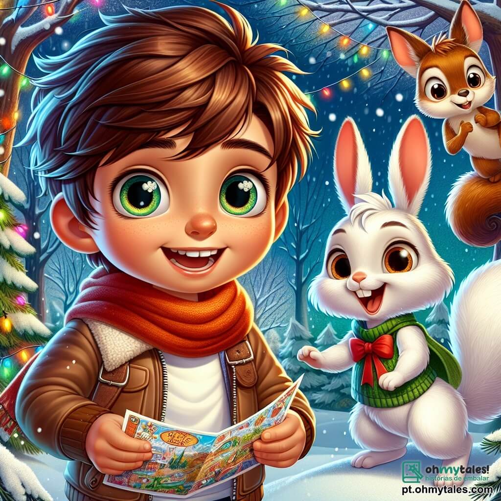 Um garoto de 8 anos chamado Miguel, com cabelos castanhos bagunçados e olhos brilhantes de curiosidade, está no centro da cena, segurando uma carta colorida nas mãos, com um grande sorriso no rosto, transbordando de empolgação e determinação. Ao seu lado, uma coelhinha branca chamada Lili, com cerca de 6 anos, grandes orelhas e um laço vermelho na cabeça, salta alegremente, pronta para ajudá-lo em sua missão. Um esquilo travesso, com pelagem marrom e olhos vivos, sobe em um galho de árvore, observando Miguel e Lili com um ar divertido, pronto para guiá-los. A cena se passa em uma floresta encantada, onde as árvores estão cobertas de neve cintilante e guirlandas coloridas decoram os galhos, criando uma atmosfera mágica e festiva. Flocos de neve caem suavemente do céu, adicionando um toque de encanto. Miguel, Lili e o esquilo se preparam para uma aventura para entregar uma carta ao Papai Noel, cercados pela beleza do inverno, com risos e canções de Natal ecoando no ar.