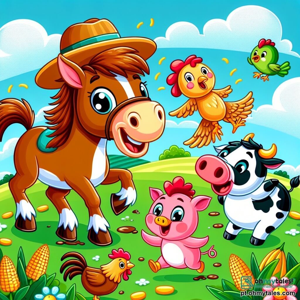 Um cavalo alegre chamado Tico, com uma crina marrom e olhos brilhantes, usa um chapéu divertido e dança em um campo verdejante. Ao seu lado, uma galinha ruiva, com penas brilhantes, bicoteia grãos de milho rindo. Um porquinho rosa, com um sorriso travesso, salta em uma poça de lama, espirrando lama ao redor. Ao fundo, uma vaca branca e preta, com manchas bem definidas, dança balançando seu rabo. O céu é azul com nuvens fofas, e flores coloridas estão espalhadas pelo chão. A cena retrata uma festa alegre e divertida onde todos os animais se divertem juntos, criando uma atmosfera de felicidade e camaradagem.