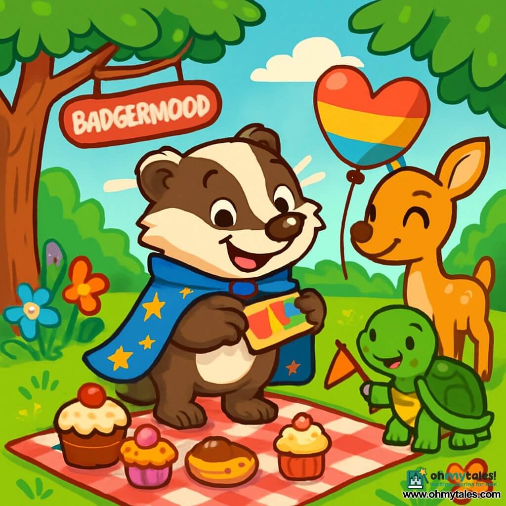 Benny the badger, with his brown fur and white stripes, stands at the center of the scene, wearing a starry cape and a big joyful smile. His eyes sparkle with excitement as he holds a colorful gift tag in his paws. Next to him, Daisy the doe, with her golden fur and large ears, looks at Benny with a warm smile, holding a colorful heart-shaped balloon. Toby the turtle, with his green shell and small legs, stands just behind, displaying a joyful expression and waving a small party banner. The scene takes place in a sunny clearing in Badgerwood, surrounded by trees with bright green leaves and colorful flowers dancing in the wind. A large red and white checkered blanket is spread on the grass, filled with cakes and treats. Benny is handing out gift tags to his friends, all gathered to celebrate his birthday, creating a festive and joyful atmosphere.