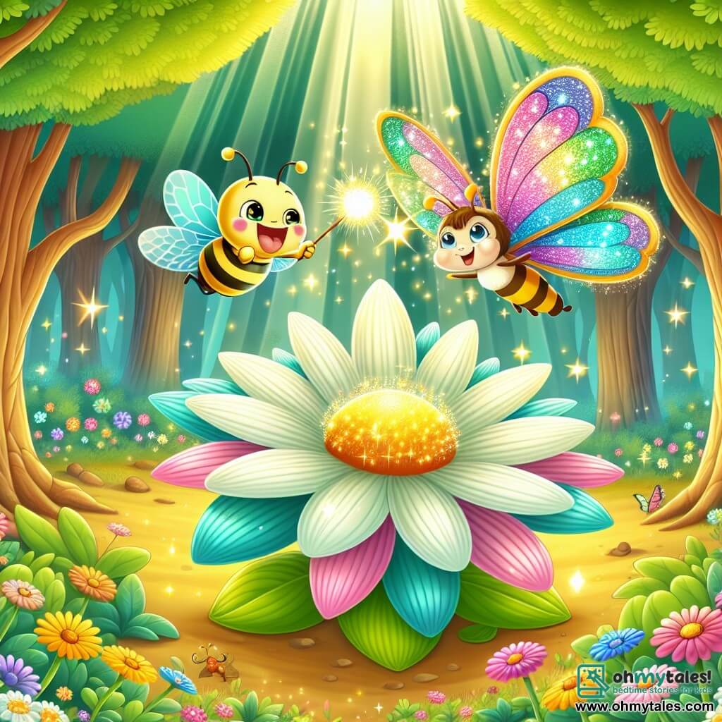 A small insect with a striped yellow body and shimmering wings joyfully flies above a large, brightly colored flower with multicolored petals, displaying an expression of excitement and determination. Next to it, a beautiful butterfly with delicate, colorful wings and a friendly, encouraging expression gracefully flies, pointing towards the magical flower. The setting is an enchanted forest filled with majestic trees, thick trunks, and vibrant green leaves, while rays of sunlight filter through the foliage, illuminating the ground scattered with wildflowers and small creatures. The main scene shows the small insect collecting the sparkling pollen from the magical flower, surrounded by an atmosphere of joy and adventure, ready to accomplish its heroic mission.