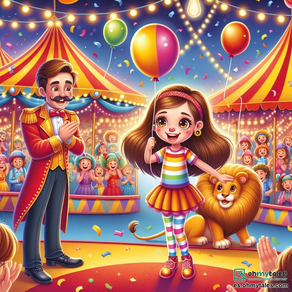 Una niña de 10 años, Clara, con largos cabellos castaños y ojos brillantes de alegría, se encuentra en el centro del escenario, sonriendo. Lleva una camiseta de rayas coloridas y zapatos brillantes, mientras sostiene un globo en forma de perro en una mano. A su lado, Miguel, un domador de leones de unos 30 años, con un bigote bien cuidado y un traje de circo rojo, observa a Clara con una mirada amable, listo para ayudarla. Al fondo, un gran león dorado, Lía, descansa majestuosamente en su jaula, mientras un payaso de cabello multicolor, Risi, hace muecas para divertir al público. El lugar es un circo vibrante, lleno de colores brillantes: carpas rojas y amarillas, luces centelleantes y un público entusiasta que aplaude. La escena está animada por globos flotantes y confeti que cae del cielo. Clara, radiante de felicidad, interactúa con los animales del circo, mientras Miguel la anima a participar en un espectáculo, creando una atmósfera de magia y aventura.