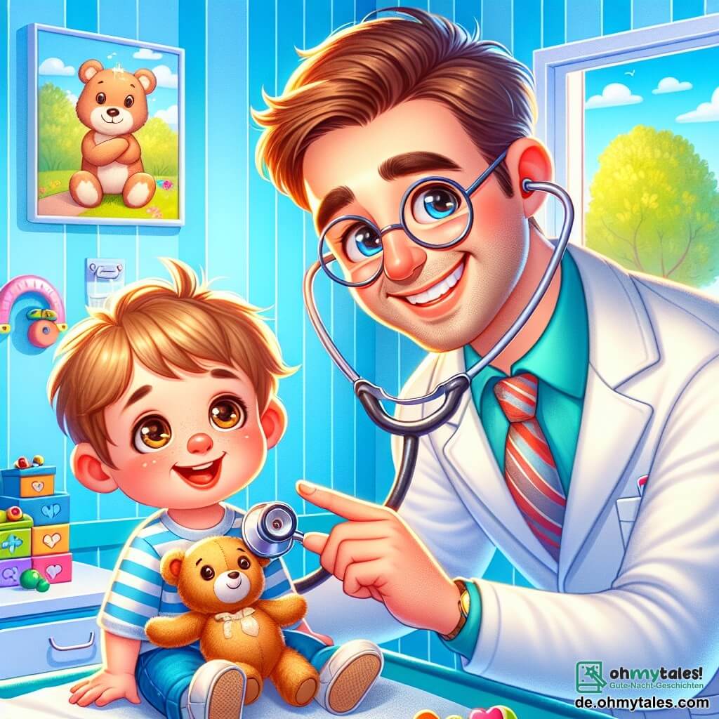 Ein lächelnder und herzlicher Arzt, Dr. Paul, trägt ein großes Stethoskop um den Hals. Er hat braune Haare, runde Brillen und ein strahlendes Lächeln, das seine Freundlichkeit zeigt. Er hört das Herz eines etwa 5-jährigen Jungen mit zerzausten blonden Haaren und neugierigen Augen ab. Der Junge sitzt auf einer Untersuchungsliege, hält einen Teddybär in seinen Armen und schaut Dr. Paul vertrauensvoll an. Die Szene spielt in einer bunten Klinik mit himmelblauen Wänden und fröhlichen Tierzeichnungen. Spielzeuge liegen auf dem Boden, und ein großes Fenster lässt Sonnenlicht herein. Dr. Paul beruhigt den kleinen Jungen und erklärt ihm begeistert, wie sein Stethoskop funktioniert, was eine fröhliche und freundliche Atmosphäre schafft.