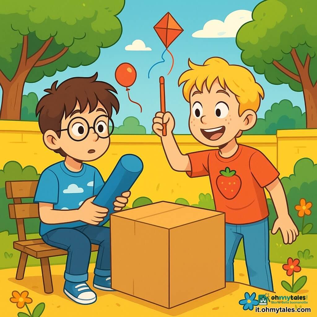 Ci sono 2 personaggi principali: Luca, un ragazzo di 10 anni con capelli castani arruffati, occhiali rotondi e una maglietta blu con nuvole, seduto su una panchina con una grande matita blu in mano e un'espressione curiosa; e Mirko, un ragazzo di 10 anni con capelli biondi e lentiggini, che indossa una maglietta rossa con una fragola disegnata, in piedi accanto a Luca e agitando una piccola matita rossa come una bacchetta magica, con un grande sorriso. La scena si svolge in un cortile colorato, circondato da muri gialli e verdi, alberi con foglie brillanti e fiori multicolori. Al centro, un grande cubo di cartone liscio e lucido attira l'attenzione dei bambini, mentre giocattoli divertenti come palloni e aquiloni fluttuano intorno a loro. La situazione principale mostra Luca e Mirko che scoprono il misterioso cubo di cartone appena caduto dal cielo, meravigliati e intrigati, pronti a esplorare cosa potrebbe rivelare questo cubo magico, con risate e espressioni di sorpresa sui loro volti.