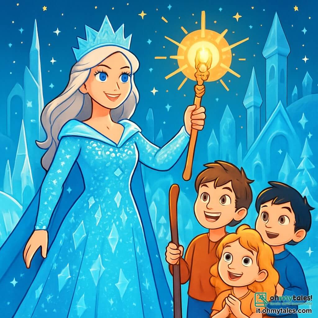La regina delle nevi, una donna maestosa di circa trent'anni, indossa un abito scintillante di cristalli di ghiaccio che riflettono la luce delle stelle. Il suo viso è dolce ma determinato, con occhi blu profondi che esprimono saggezza e compassione. Solleva un antico scettro che emette una luce dorata, mentre un sorriso caloroso illumina il suo volto. Accanto a lei, un gruppo di tre bambini, tra gli 8 e i 10 anni, osserva con meraviglia. Il primo, un ragazzo dai capelli castani e occhi vivaci, tiene un vecchio bastone di legno, lo Scettro dei Sogni, e sembra impaziente. La seconda, una ragazza dai capelli biondi e ricci, indossa un vestito di tessuto leggero e sorride con speranza, mentre il terzo, un ragazzo dai capelli neri, guarda la regina con ammirazione, gli occhi spalancati. La scena si svolge in una grande piazza del regno di cristalli, circondata da torri di vetro scintillanti e sculture di ghiaccio brillanti, sotto un cielo stellato. Fiocchi di neve cadono dolcemente, aggiungendo un tocco magico all'atmosfera. La regina delle nevi, con il suo scettro luminoso, si prepara a trasformare il regno, unendo il freddo e il caldo per portare giustizia e armonia al suo popolo.