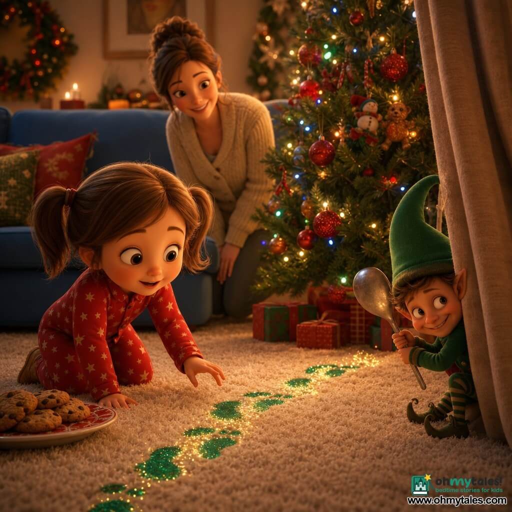 A 4-year-old girl with light brown pigtails and rosy cheeks in red starry pajamas kneels by a plate of cookies, eyes wide with wonder, reaching timidly toward small glittering green footprints. A mischievous elf about 20 cm tall with a green pointed hat and matching jacket peeks from behind a curtain, tapping a spoon turned into a hat and leaving a trail of sparkles. A smiling mother in her 30s with her hair in a bun and a cream knit cardigan stands by the sofa watching amusedly. The cozy, festive living room has a beige plush rug, a blue sofa, multicolored lights on a decorated Christmas tree, and a hint of cinnamon in the air; the girl discovers the glittering footprints leading the cookies toward the tree while the elf hides laughing, creating a gentle, magical, playful scene.
