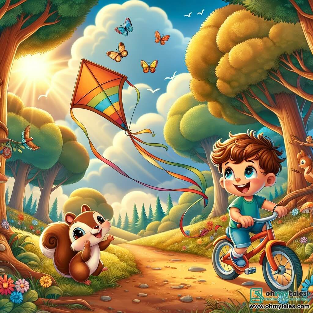 An illustration depicts a boy with curly brown hair and a big smile, wearing a colorful t-shirt and shorts, sitting on a bike while pulling a large orange kite that joyfully soars in the sky. Next to him, a small squirrel with sparkling eyes and brown fur, showing gratitude, stands on a tree branch, watching the kite in wonder. The setting is a lush forest bathed in golden light, with majestic trees, bright leaves, colorful flowers scattered on the ground, and a blue sky dotted with fluffy white clouds. The main scene shows the boy and the kite flying together, ready for a grand adventure, while the squirrel encourages them from its branch. Additional elements include singing birds flying around, colorful butterflies dancing in the air, and a winding path leading to a world full of discoveries and magic.