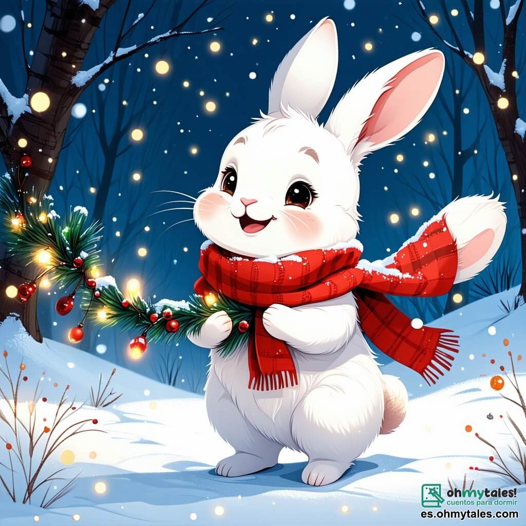 Un pequeño conejo travieso, llamado Rufi, con un pelaje blanco y suave como la nieve, se encuentra en el centro de la escena, con los ojos brillantes de emoción y una gran sonrisa en su rostro. Lleva una bufanda roja de lana y sostiene en sus patas una guirnalda colorida adornada con luciérnagas centelleantes. A su lado, su amigo el erizo Tito, con su espalda cubierta de espinas marrones y los ojos chispeantes de alegría, observa la guirnalda con asombro. La escena transcurre en un hermoso paisaje invernal, donde árboles majestuosos están cubiertos de nieve brillante y un cielo estrellado ilumina la noche. Rufi y Tito, rodeados de la belleza del paisaje, están preparando una sorpresa de Navidad para la abuela de Rufi, colgando la guirnalda luminosa en la entrada de la acogedora madriguera de la abuela, llena de bayas rojas y luces festivas.