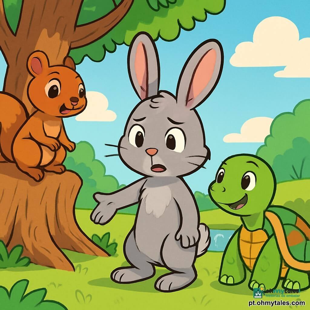Um pequeno coelhinho cinza, Léo, com grandes orelhas e olhos brilhantes de curiosidade, está no centro da cena, com uma expressão inquieta mas determinada, estendendo uma pata em direção a um grupo de animais. À sua direita, uma tartaruga verde, Rita, com uma carapaça colorida, olha para Léo com um sorriso reconfortante, seus olhos brilhando de encorajamento. À esquerda, um esquilo marrom, Tomás, com patas pequenas e ágeis, sobe em um galho, atento e pronto para ouvir. Ao fundo, uma grande e majestosa árvore separa o céu azul claro das nuvens brancas, enquanto um riacho brilha ao sol. A cena representa uma reunião amigável sob a árvore, onde os animais discutem para resolver um conflito, com expressões de compreensão e esperança em seus rostos.