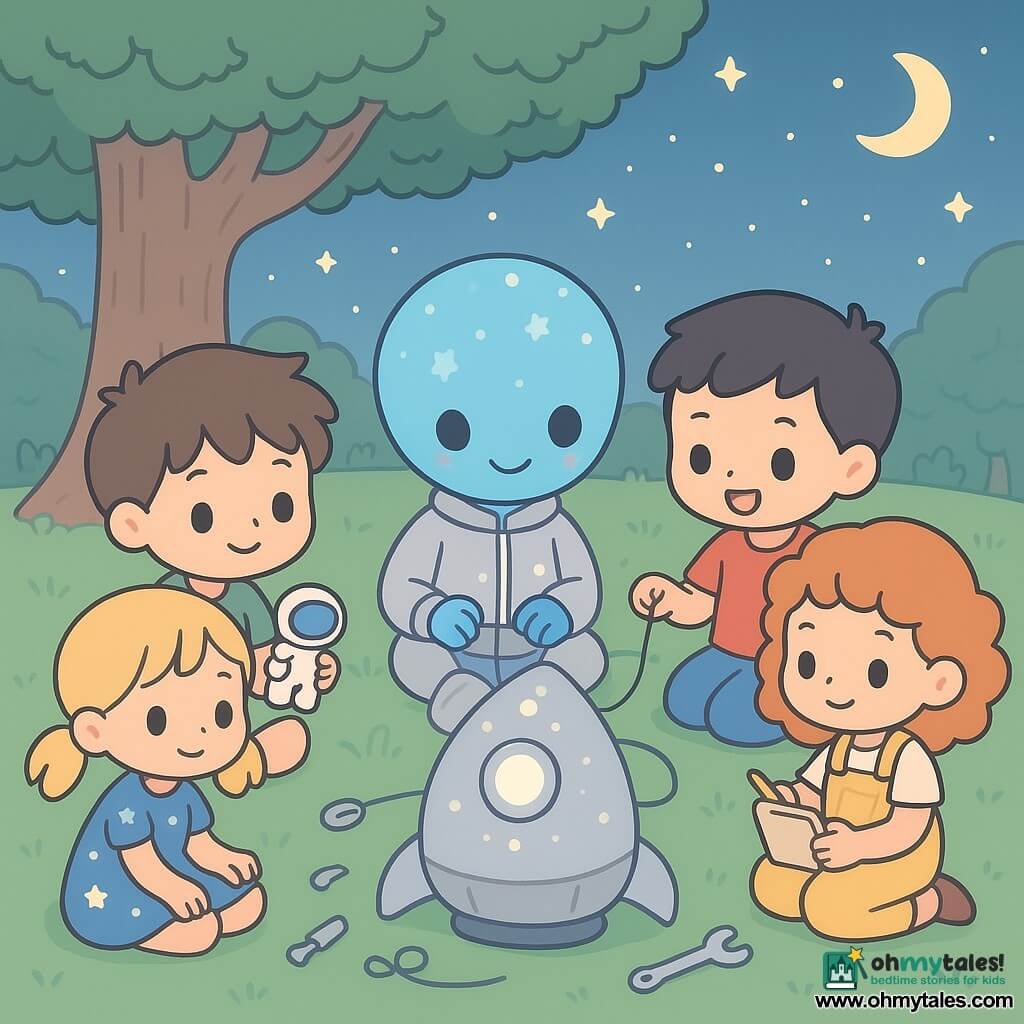 There are 4 children: Ari, a 9-year-old boy with tousled brown hair, wearing a green t-shirt and beige shorts, holding a small plastic astronaut. Mina, a 9-year-old girl with blonde hair in pigtails, wearing a blue dress with white stars, looks at the astronaut curiously. Jonah, a 9-year-old boy with short black hair, wearing a red t-shirt and jeans, observes Lumo with a delighted smile. Saffy, a 9-year-old girl with curly red hair, wearing yellow overalls, holds a small notebook and pencil. They are sitting in a circle on the grass under a large oak tree in a park. Lumo, a small blue-skinned alien with star-shaped spots, stands in the center of the circle, wearing a silver jacket and smiling warmly. The setting is a lush park with a wide expanse of soft grass and majestic trees. The sky is dotted with twinkling stars, and a gentle moonlight illuminates the scene. The main situation shows the children and Lumo repairing a small silver spaceship resting on the grass. The spaceship is teardrop-shaped and emits a soft glow. The children are focused and joyfully collaborating, surrounded by small tools and glowing wires.