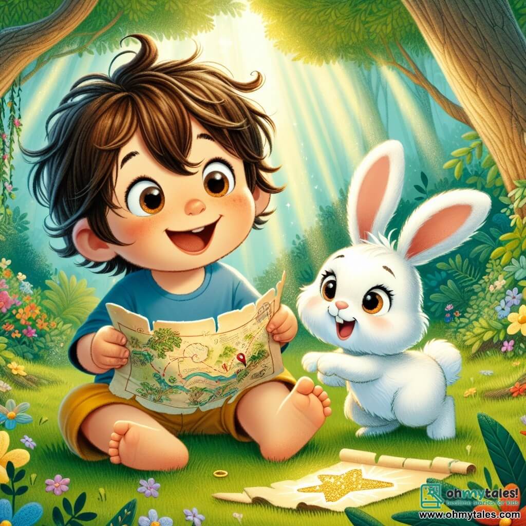 A one-year-old boy with big curious eyes and messy brown hair smiles joyfully while holding a treasure map in his small hands. He wears a blue t-shirt and yellow shorts, sitting on the green grass surrounded by colorful flowers. Next to him is an adorable stuffed bunny named Bella, with white fur and long ears, looking at Max with sparkling eyes of excitement. Bella is happily hopping, ready to join him on the adventure. The setting is an enchanted forest with tall trees, thick trunks, and vibrant green leaves. Sunlight filters through the branches, illuminating the leaf-covered ground and wildflowers. The main scene shows Max and Bella discovering a sparkling clue on the ground, surrounded by mystery and adventure, ready to follow the hints to find hidden treasure.