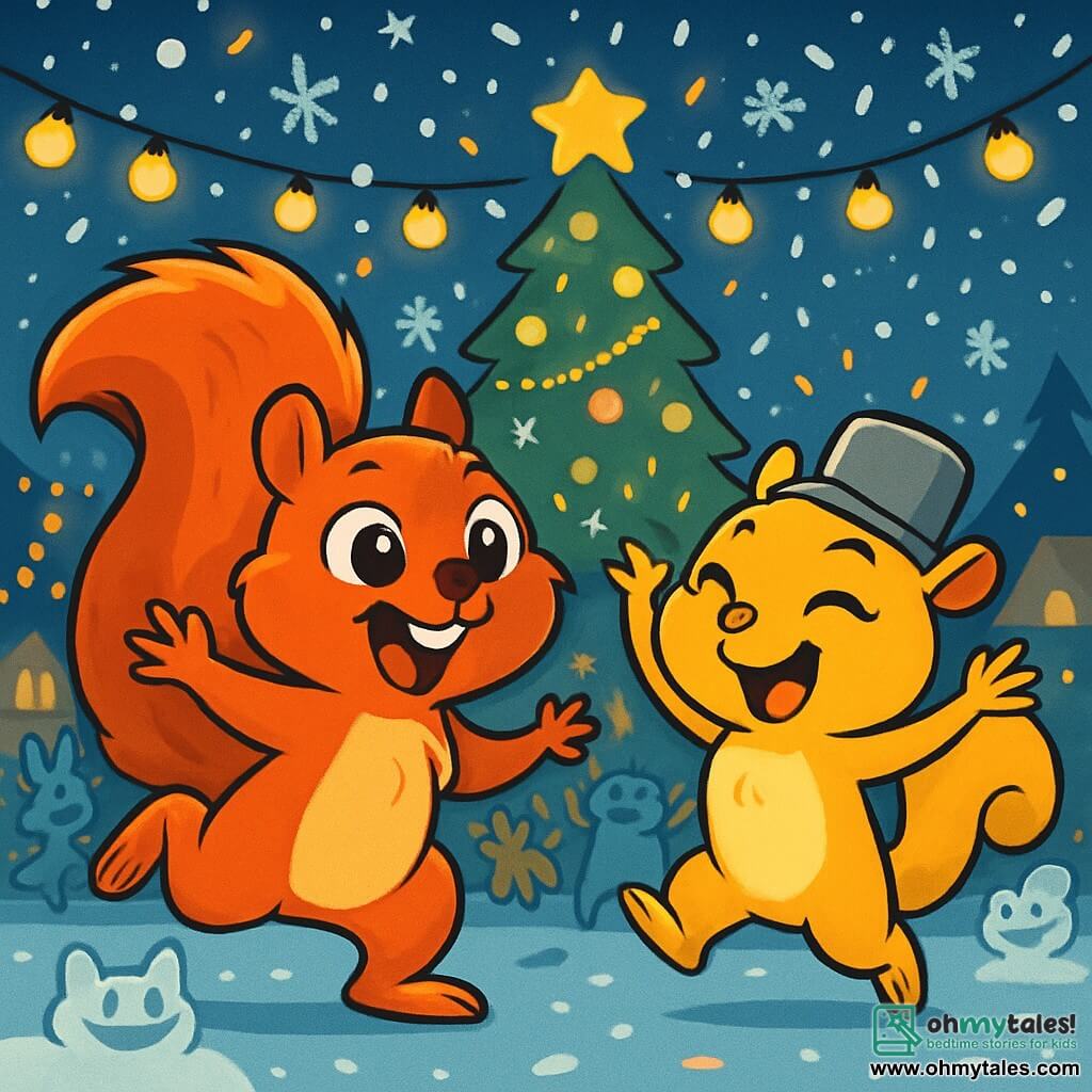 Peanut, a joyful red squirrel, is dancing enthusiastically in the village square, surrounded by sparkling lanterns and gently falling snowflakes. His shiny, silky fur and bushy tail reflect his contagious happiness. Next to him, his little sister Hazel, a golden-furred squirrel, is laughing heartily while wearing a small pot-shaped hat. She performs amusing dance moves, her eyes sparkling with mischief and excitement. The central square of Frosty Pines is decorated with twinkling lights and a large, shimmering Christmas tree, surrounded by joyful animals dancing and singing. Snow sculptures of funny creatures adorn the ground, and the air is filled with the sweet smell of nut pies. The main scene shows Peanut and Hazel celebrating New Year’s with their friends in a festive, colorful atmosphere, where everyone dances joyfully, throwing confetti and laughing together under the starry sky.