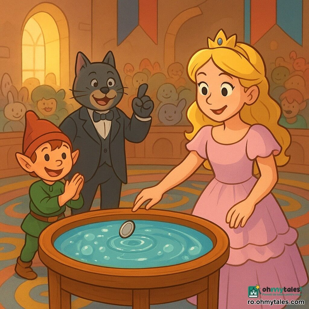 Prințesa Zânaida, fată cu față luminoasă și încrezătoare, păr blond ondulat cu o mică coroniță, rochie pastel cu volane, atinge ușor marginea unei „mese de apă” lucioase pentru a ghida o monedă de argint plutitoare spre un cerc; Piticel Puf, spiriduș băiat, cu pălărie mică și ochi ștrengari, stă în stânga ei, sărind pe vârfuri și aplaudând; Maestrul de Jocuri, pisică antropomorfă în frac negru cu monoclu și mustăți curbate, e în spatele mesei ca judecător amuzat; un cavaler tânăr în armură cuprată râde în fundal printre spectatori; sala rotundă din turn are covor cu spirale colorate, ferestre înalte care lasă lumină aurie și bannere vii; masa este apă limpede reținută de o placă lăcuită și un lighean fermecat, cu bule care par tacâmuri, moneda alunecând spre cerc — moment tensionat și vesel, culori calde, expresii exagerate și zâmbete.