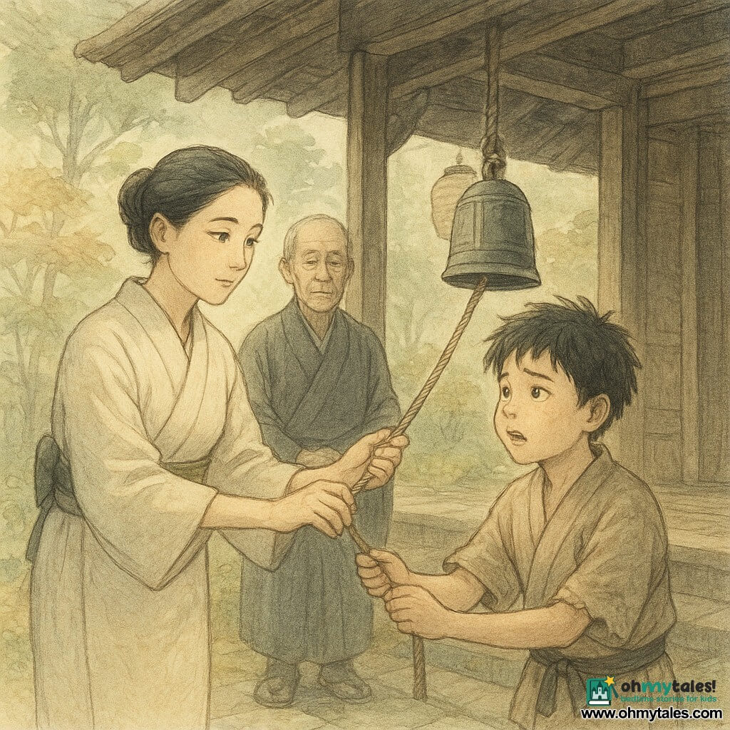Aiko, an adult woman with a serene but determined face and soft focused eyes, wearing a simple cream linen kimono with an olive belt and her black hair in a bun, gently holds the rope of a small bronze bell and looks toward the boy. A boy of about 11, tousled hair and still-round cheeks, in a worn short kimono, stands slightly in front of Aiko, gripping the rope with both hands and pulling with a mix of fear and relief. An elderly priest, about 70, with a calm, wrinkled face and dark traditional kimono, stands behind the bell ready to hang it on a wooden hook in the temple porch. The wooden temple is old but cared for, dark beams, polished floor, a visible wooden hook under the eaves, hanging paper lanterns, moss-covered stone steps, and a background of pines and fine-leaved maples. The scene captures the exact moment the small bronze bell is given and rung; soft morning light, long shadows, dewdrops on leaves, an atmosphere of beginning and forgiveness, composition centered on the bell and the characters’ hands.