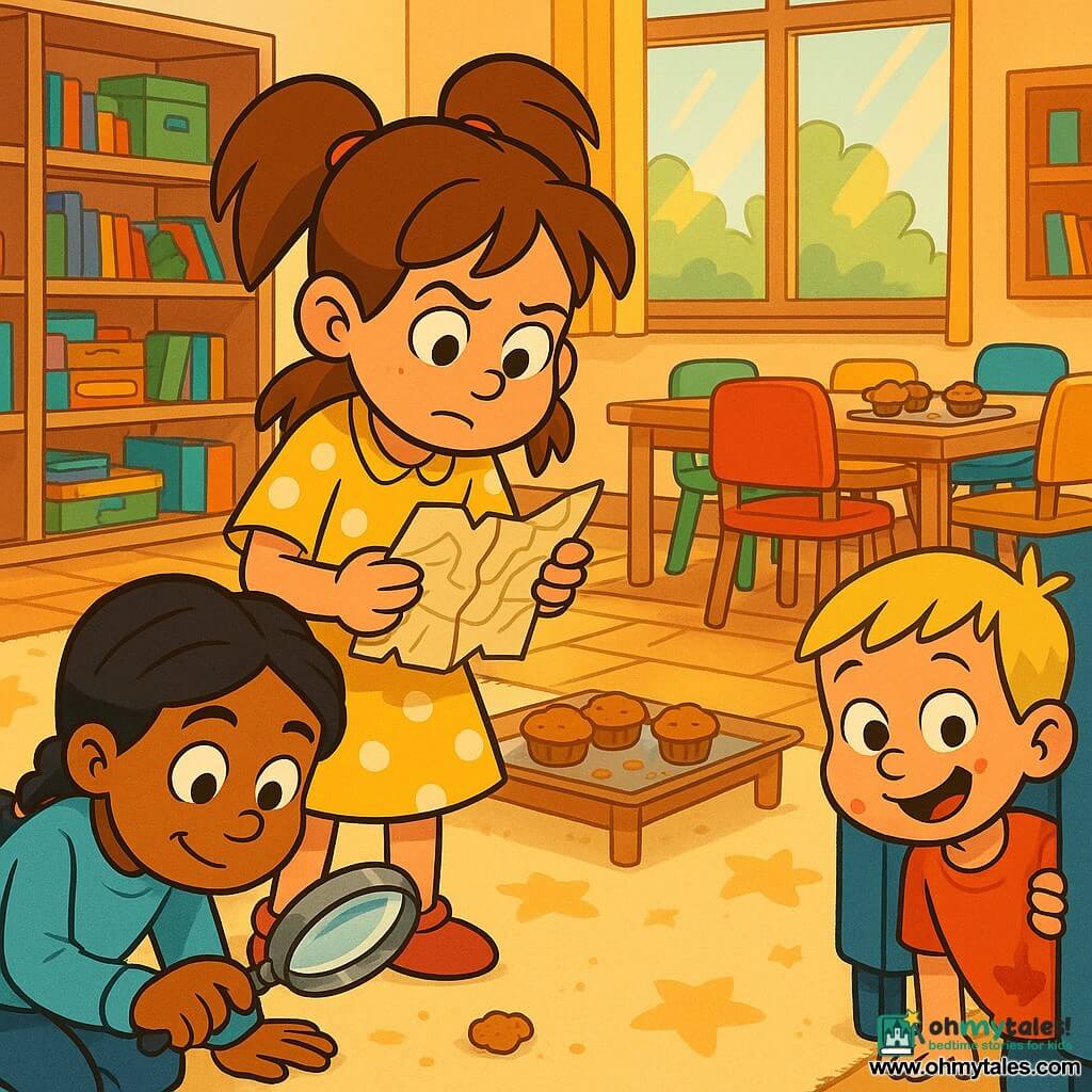 Three children: a 9-year-old girl with brown hair in pigtails wearing a yellow polka-dot dress holds a crumpled paper map and looks down, slightly leaning forward; an 8-year-old girl with black braided hair in a light blue sweater kneels left of her, examining a crumb on the carpet with a metal round magnifying glass; a 3-year-old blond boy in a jam-stained red T-shirt partially hides under a blue chair to the right, smiling with muffin crumbs around his mouth. The setting is a warm family coworking space with a cream star-pattern carpet, large windows letting in golden light, wooden shelves of games and books, clustered colorful chairs (red, green, yellow, blue) and a wooden coffee table with a tray of muffins and visible crumbs. Main scene: the three little investigators calmly and playfully search for a missing muffin — magnifying glass enlarges a large crumb, a crumpled napkin map, a muffin wrapper under the blue chair, curious kind expressions, warm colors and soft outlines in a 90s cartoon style.