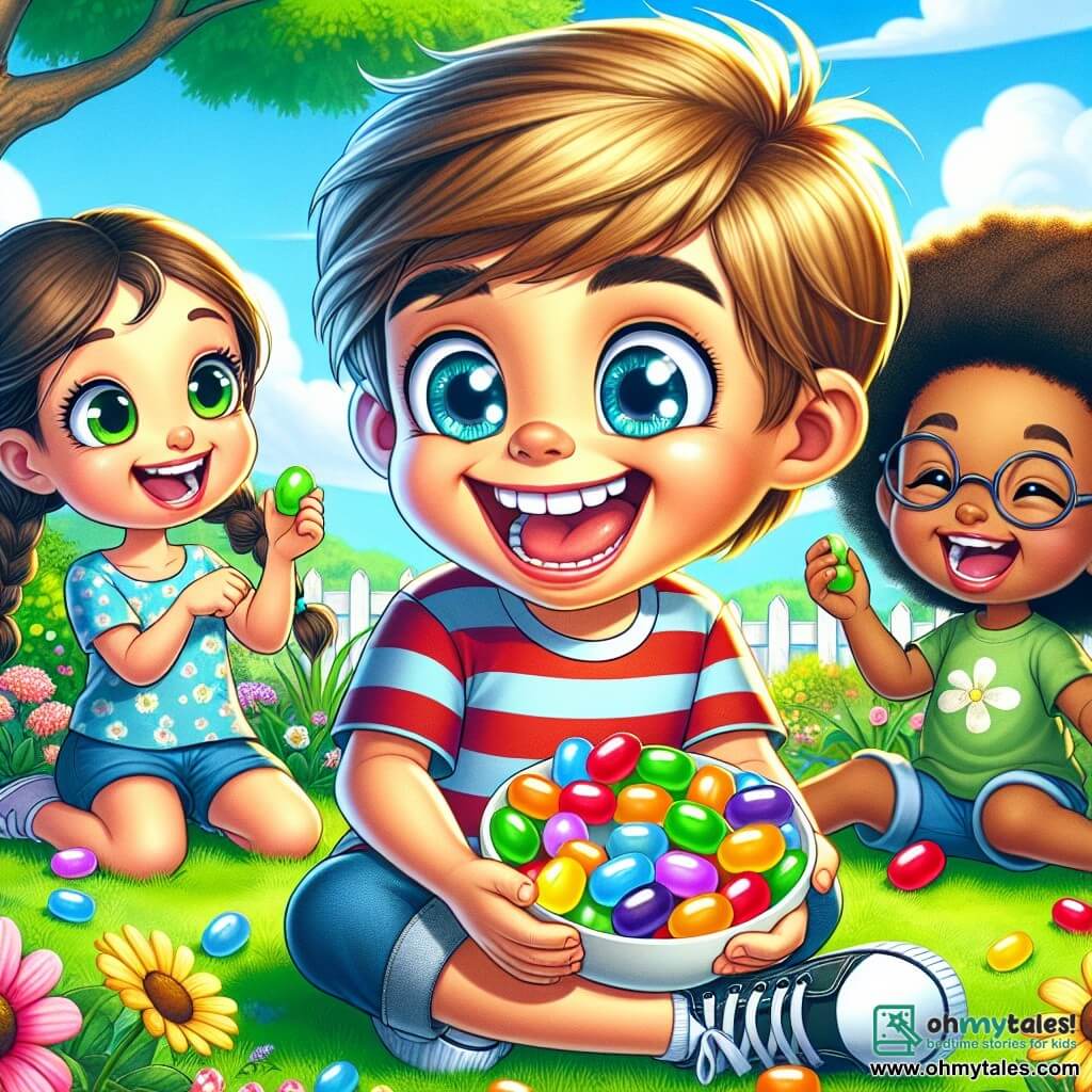 A 6-year-old boy, Max, with sparkling blue eyes and messy blonde hair, is sitting on the green grass of his garden, laughing heartily. He wears a red and blue striped t-shirt and denim shorts. Next to him, Lily, a 6-year-old girl with braided brown hair and a bright smile, holds a handful of colorful jellybeans, ready to share. Sam, a 6-year-old boy with round glasses and brown hair, makes a funny face while holding a green jellybean, while Mia, a 6-year-old girl with pigtails and a floral dress, bursts into laughter showing a yellow jellybean. The garden is filled with colorful flowers and a large tree providing shade, under a clear blue sky with fluffy clouds. In the center of the image, the friends are surrounded by a large bowl of bright, multicolored jellybeans, while they joke and toss jellybeans at each other, creating a joyful and playful atmosphere.