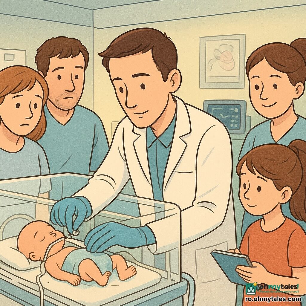 Un medic adult, înalt și slab, păr scurt castaniu, privire blândă și concentrată, în halat alb și mănuși albastre ajustează un senzor la un incubator transparent cu gesturi precise; în fața lui, un nou-născut prematur are un episod de apnee rezolvat prin stimulație ușoară, monitoarele arătând o curbă în creștere. Marta, o fată ucenică de 12 ani cu coadă de cal și carnet în mână, privește cu curiozitate și admirație; asistenta Ioana, ~40 ani, cu zâmbet liniștit și păr prins, ține un tăviță cu instrumente la dreapta incubatorului. Părinții tineri, mama obosită dar emoționată (~28 ani) și tatăl tremurând (~30 ani) cu mâna pe marginea incubatorului, stau la stânga; decorul e o unitate de neonatologie luminoasă și caldă, pereți pastel, rând de incubatoare, monitoare verzi și albastre, lumină blândă și stil bandă desenată cu trăsături rotunjite și culori calde, atmosferă liniștitoare și plină de speranță.