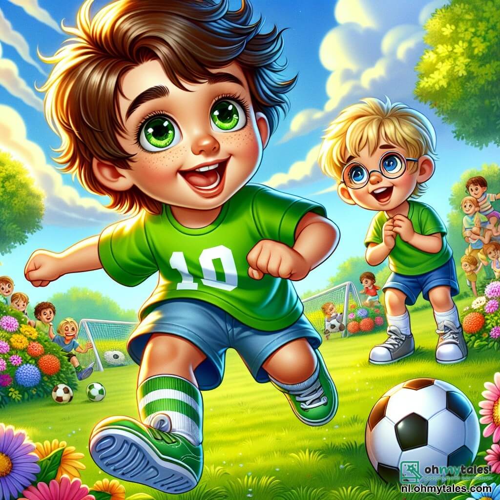 Een jonge jongen genaamd Sam, ongeveer 10 jaar oud, draagt een felgroen t-shirt met een wit nummer. Zijn gezicht straalt van vreugde en opwinding. Hij heeft rommelig bruin haar en sprankelende ogen. Sam dribbelt een voetbal op een groen veld, omringd door kleurrijke bloemen. Dichtbij kijkt een klein jongetje genaamd Max, 6 jaar oud, met blond haar en ronde brillen, naar Sam met bewondering, met zijn handen op zijn heupen, staande op een klein houten bankje. Het veld is zonnig, met een heldere blauwe lucht en een paar donzige witte wolken. De belangrijkste situatie toont Sam in volle actie, klaar om te schieten, terwijl Max hem aanmoedigt met een grote glimlach.