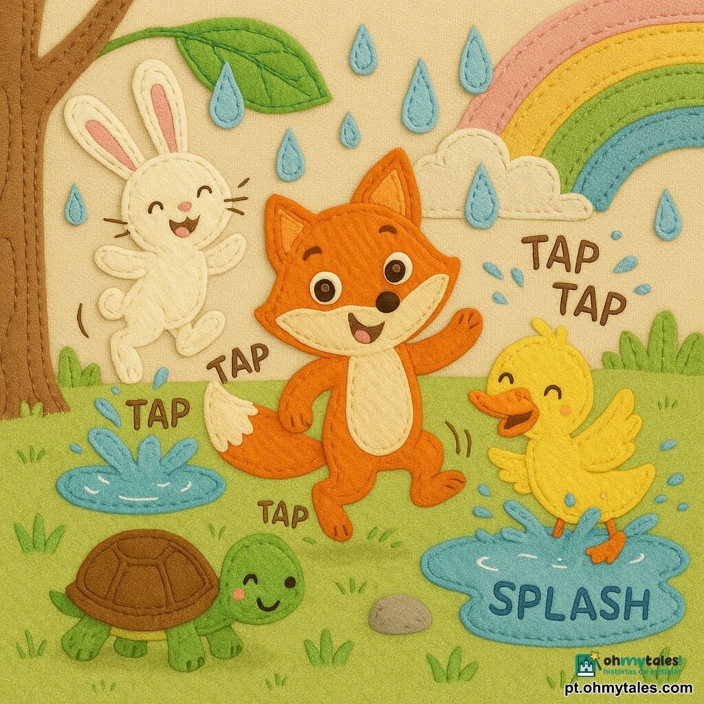 Um pequeno raposo laranja vivo, ventre creme e focinho branco, com grandes olhos redondos bordados e expressão travessa, pula fazendo "tap tap" com uma pata levantada; uma coelhinha branca de orelhas rosas, peluda e sorridente, salta à esquerda espirrando numa poça; um pato amarelo de bico laranja, asas abertas em feltro, desliza à direita fazendo "splash" perto de outra poça maior; uma tartaruga verde de casco castanho costurado, de traços suaves, toca uma pedra à frente do grupo no centro-baixo; a cena passa numa clareira gramada em tons pastel com grama de feltro, troncos de tecido à esquerda e uma grande folha molhada acima pingando gotas de tecido; poças azuis brilhantes costuradas, respingos em pequenos círculos prateados e um arco-íris degradê ao fundo completam o cenário; atmosfera alegre: todos fazem "tap tap" e respingos juntos, risos indicados por pequenas linhas bordadas; cores suaves, contrastes quentes, texturas visíveis — feltro, costuras aparentes e botões decorativos nos olhos.
